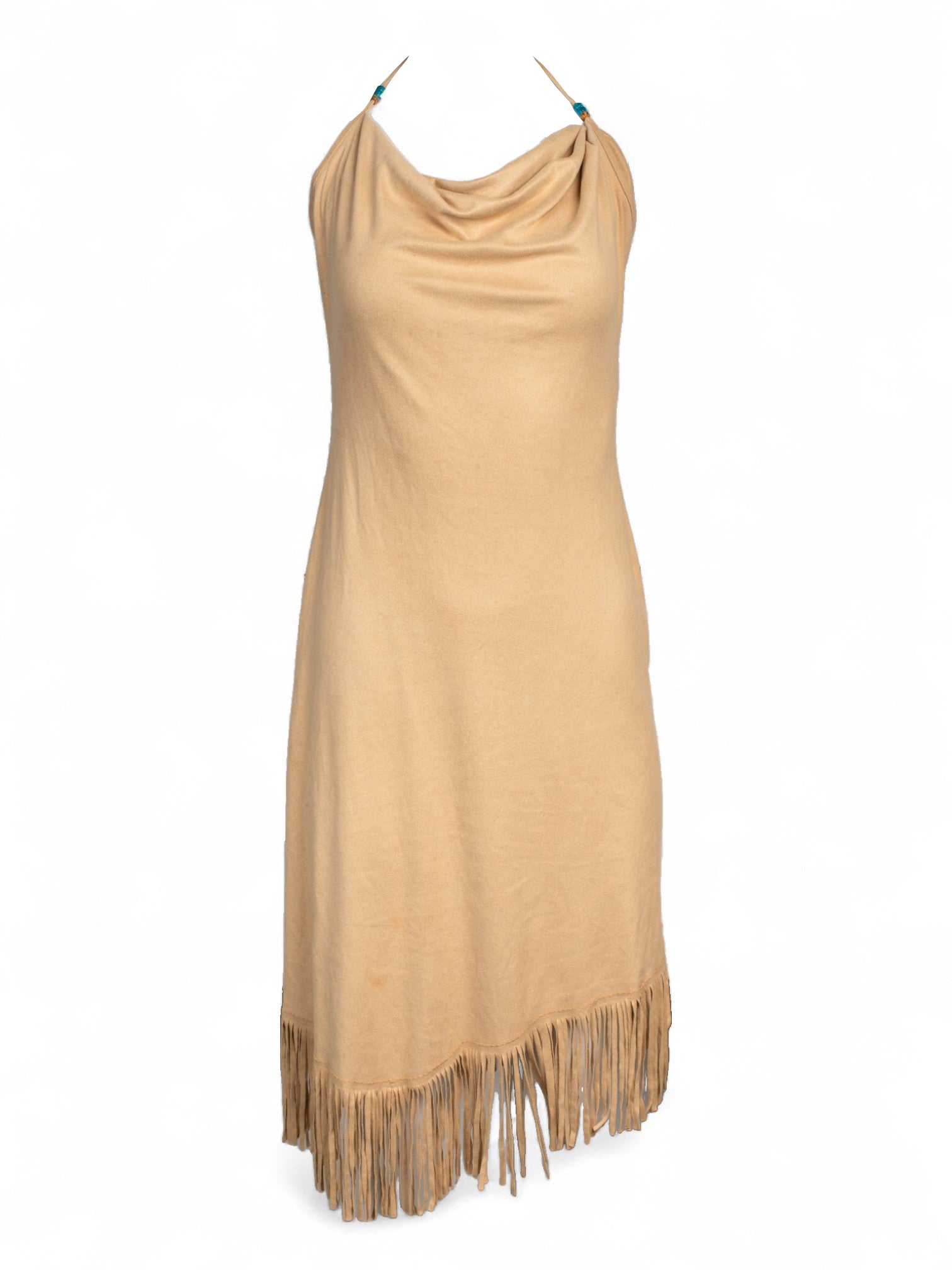 ULTRASUEDE TAN FRINGE HALTER DRESS