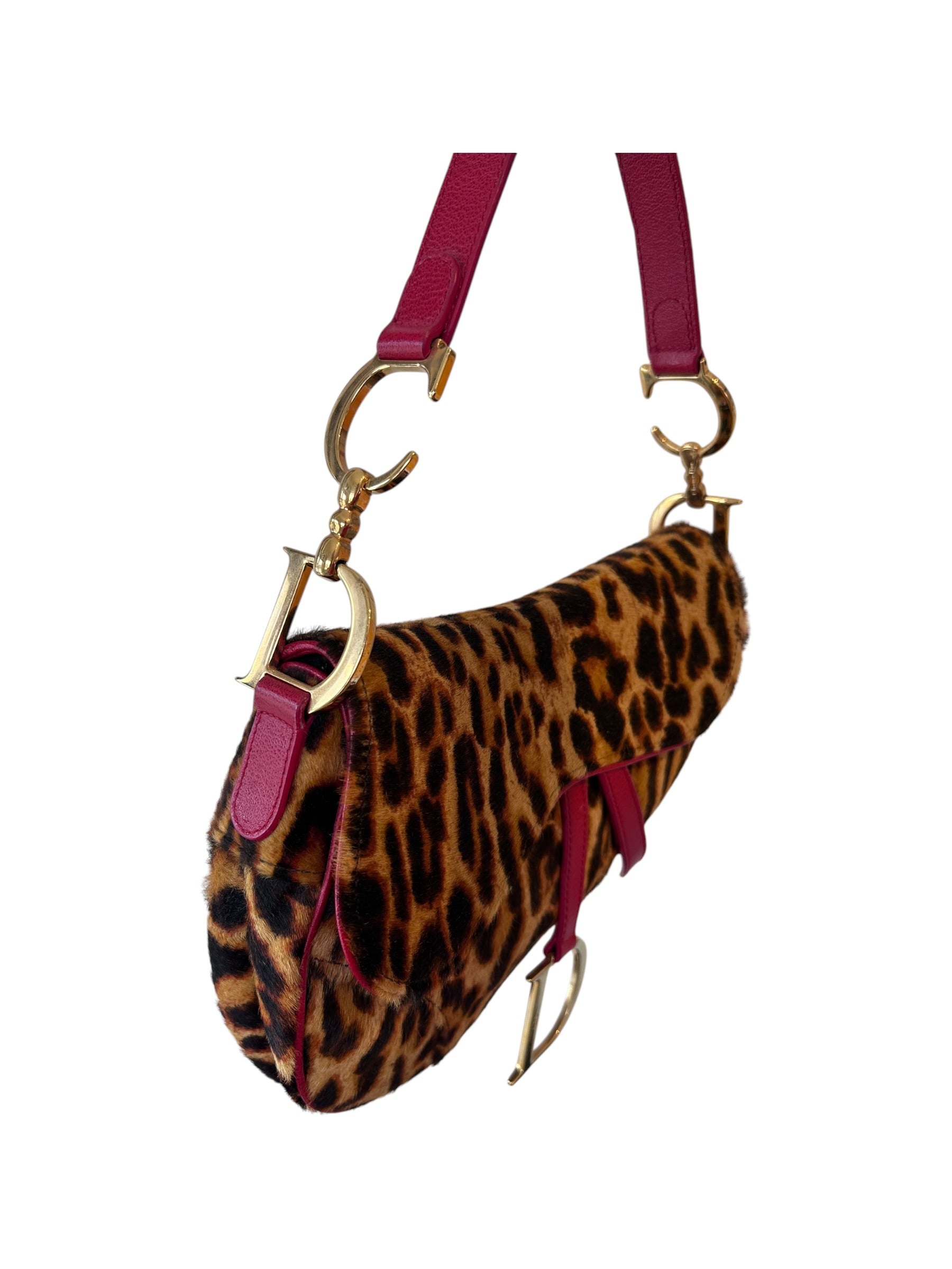 2004 LEOPARD PONYHAIR & RED LEATHER SADDLE BAG