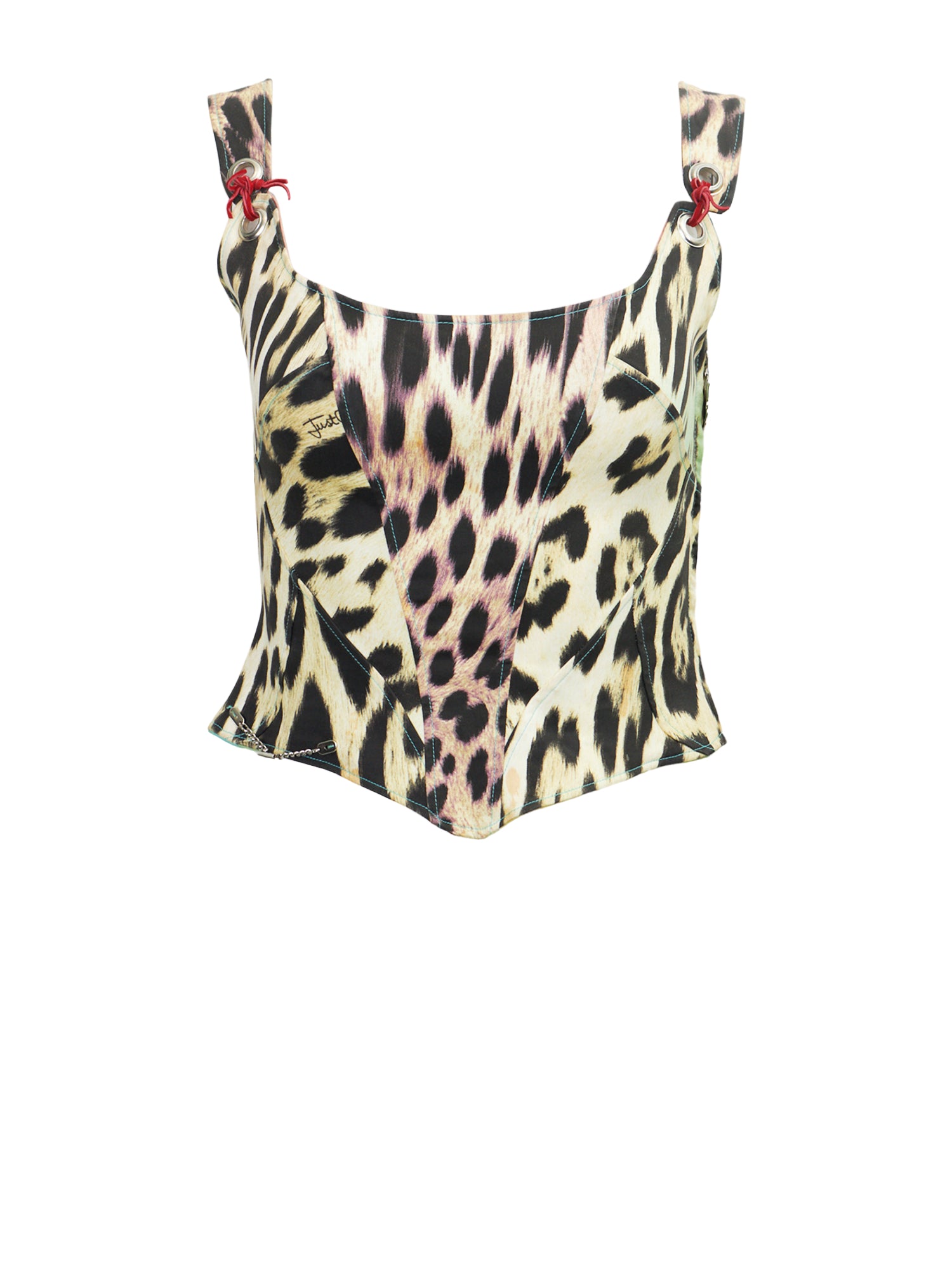 MULTICOLOR ANIMAL PRINTED RED LACE UP CORSET TOP