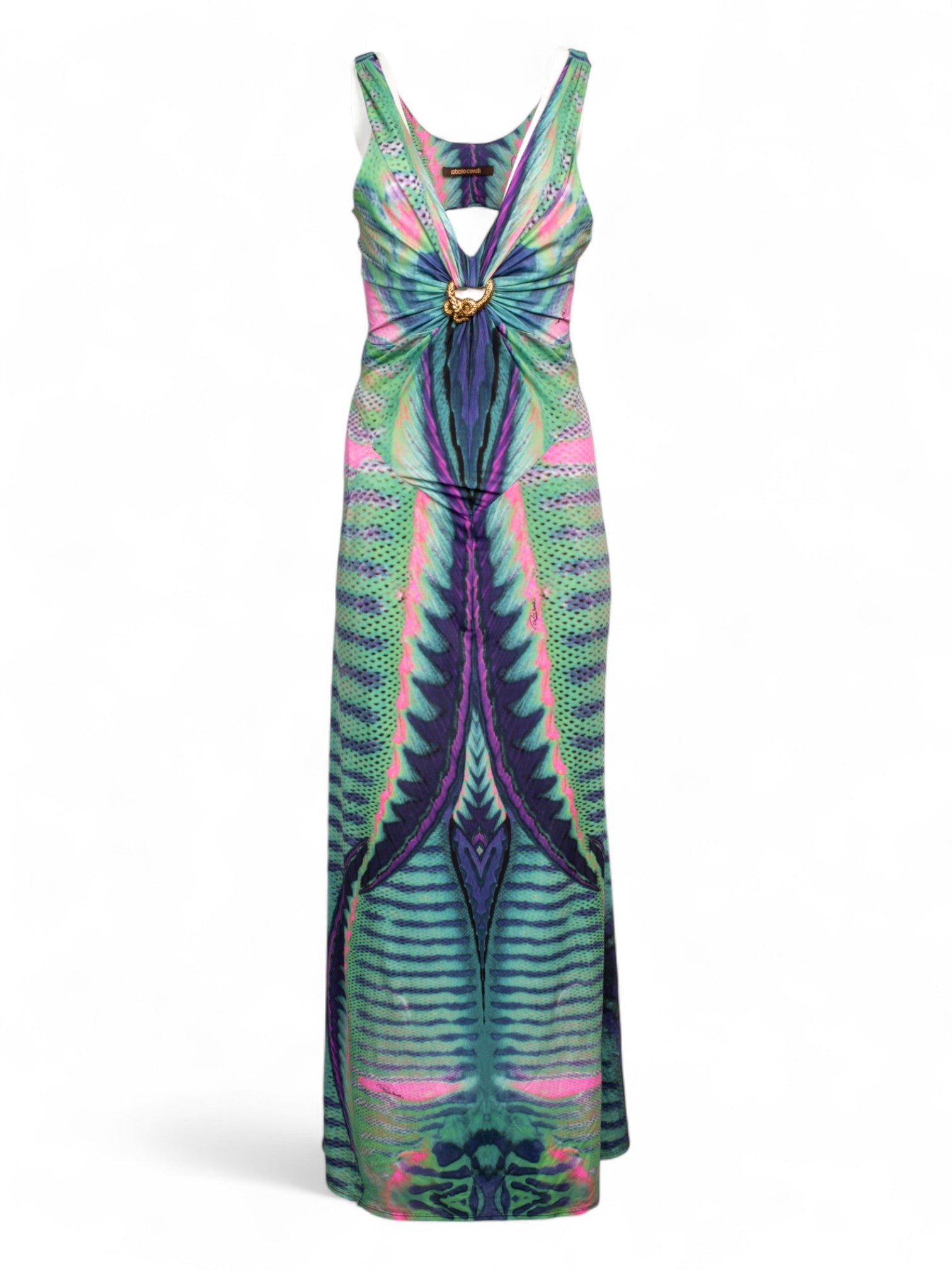 OPEN BACK GREEN AND BLUE SNAKEPRINT MAXI DRESS
