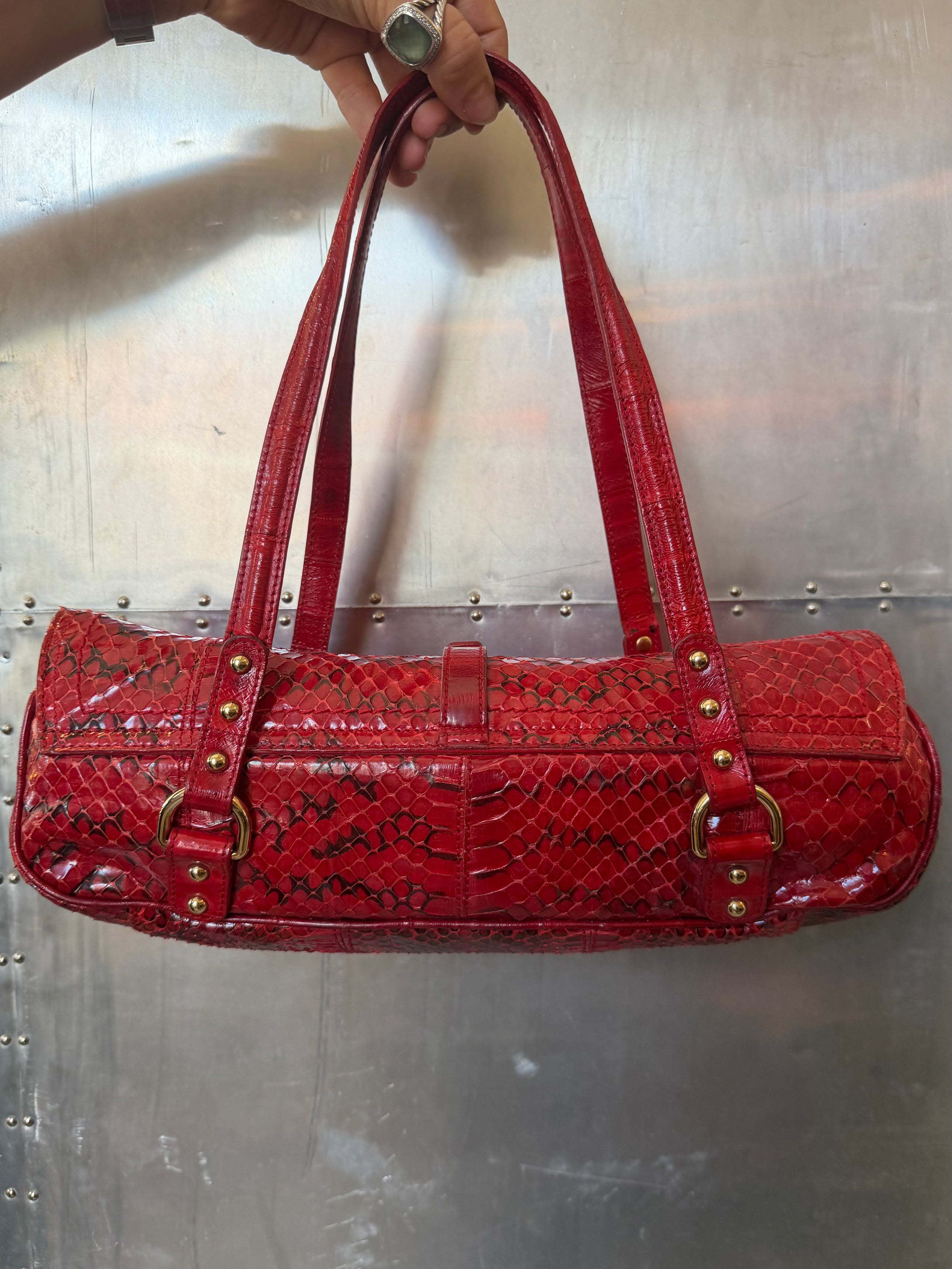 RED SNAKESKIN BARREL BAG