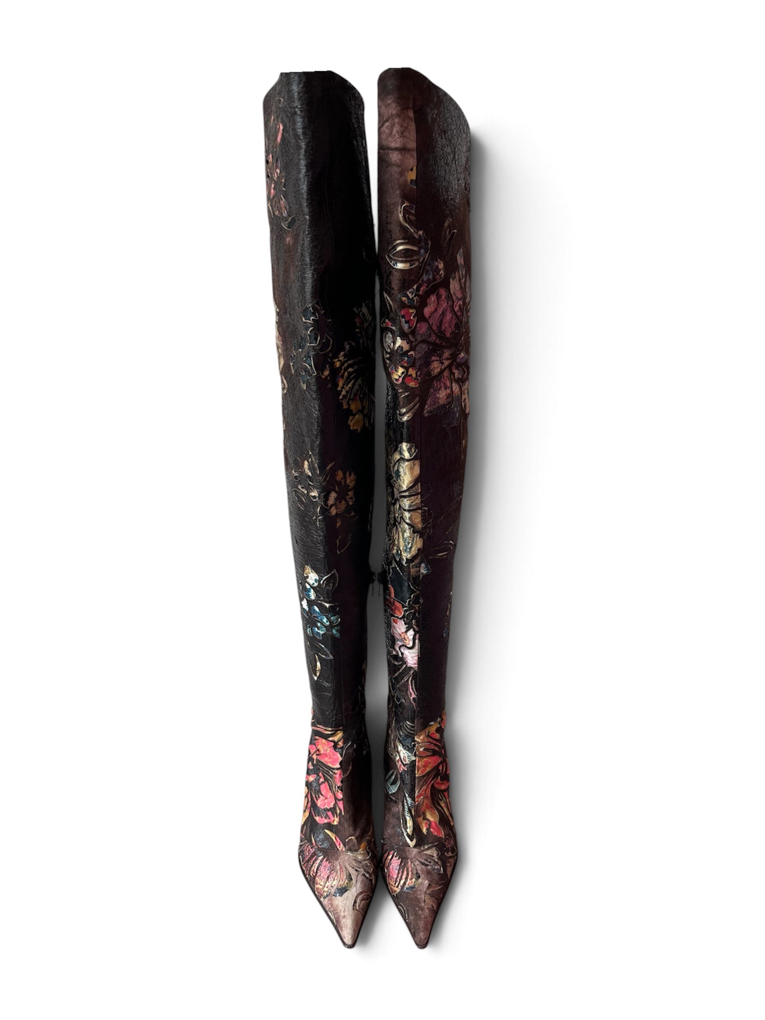 2003 FLORAL BURNOUT LEATHER & SUEDE THIGH HIGH BOOTS