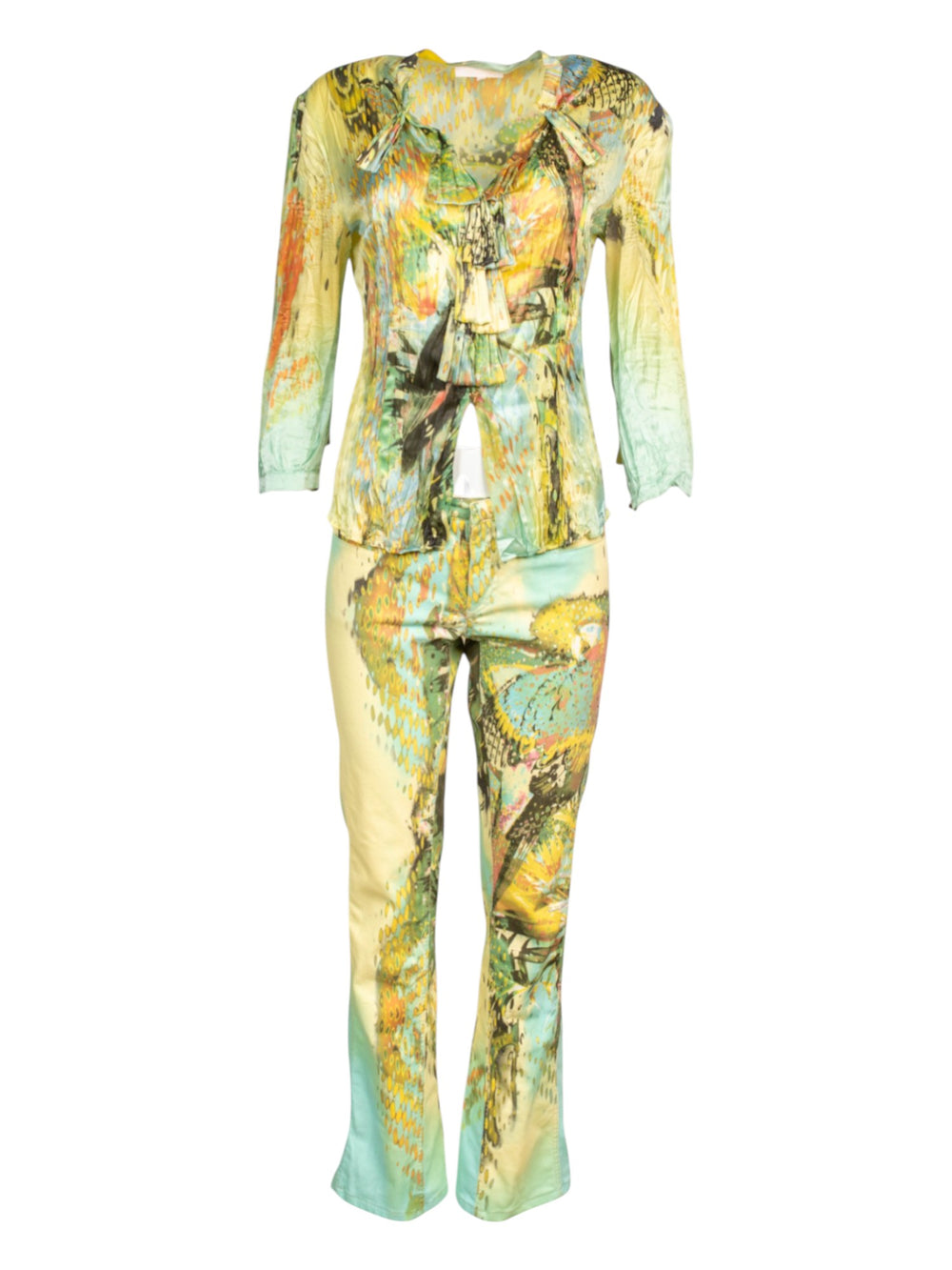 SS02 PARROT PRINTED SILK BUTTON DOWN & JEANS SET