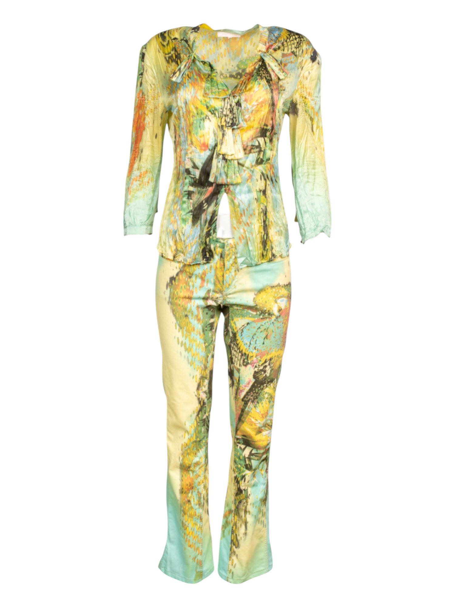 SS02 PARROT PRINTED SILK BUTTON DOWN & JEANS SET