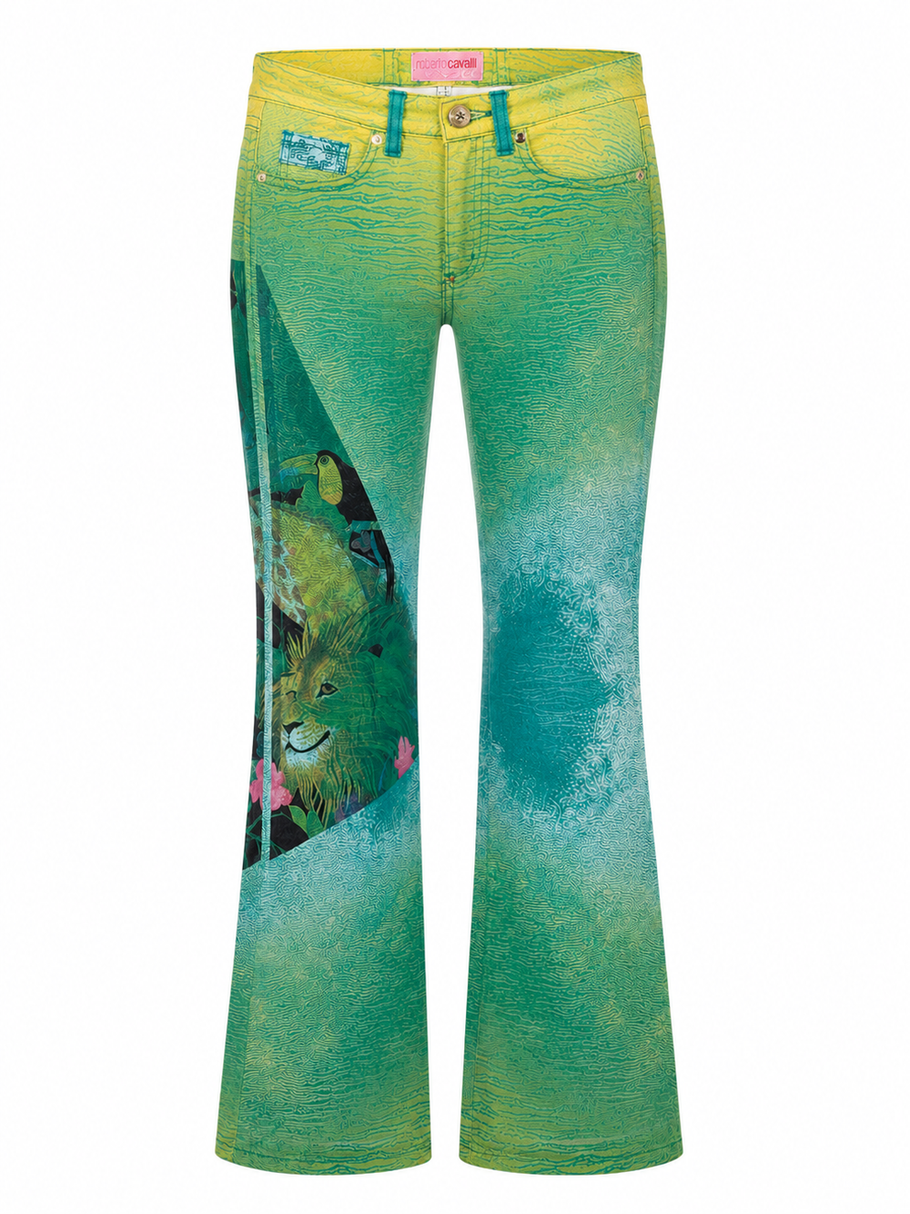 2001 GREEN SAFARI PRINT FLARED JEANS