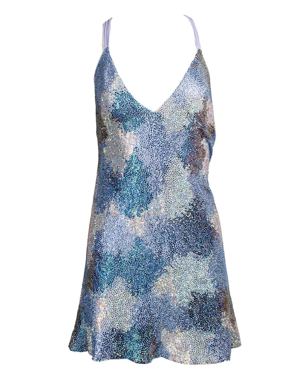 MULTI BLUE SWAROVSKI BACKLESS MINI DRESS @JKOVA