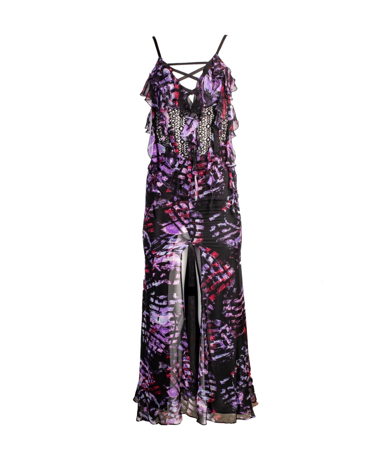 BLACK & PURPLE PRINTED SILK RUFFLED GOWN
