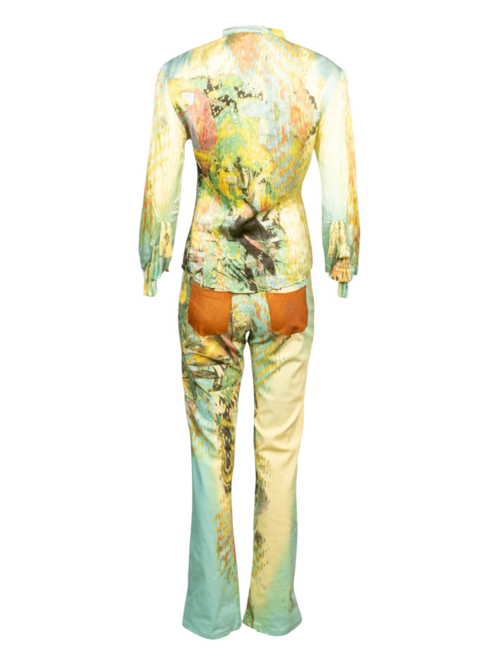 SS02 PARROT PRINTED SILK BUTTON DOWN & JEANS SET