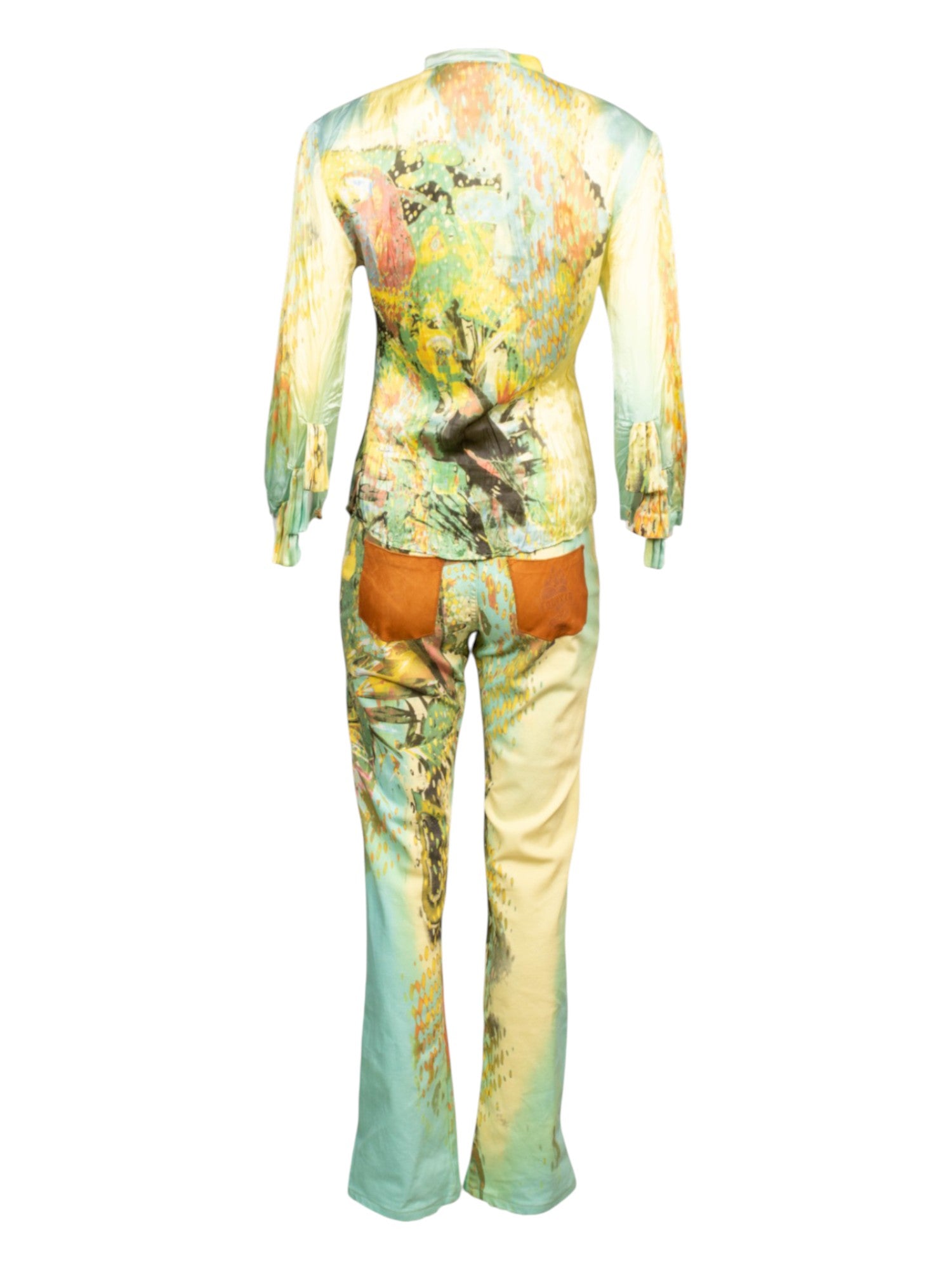SS02 PARROT PRINTED SILK BUTTON DOWN & JEANS SET