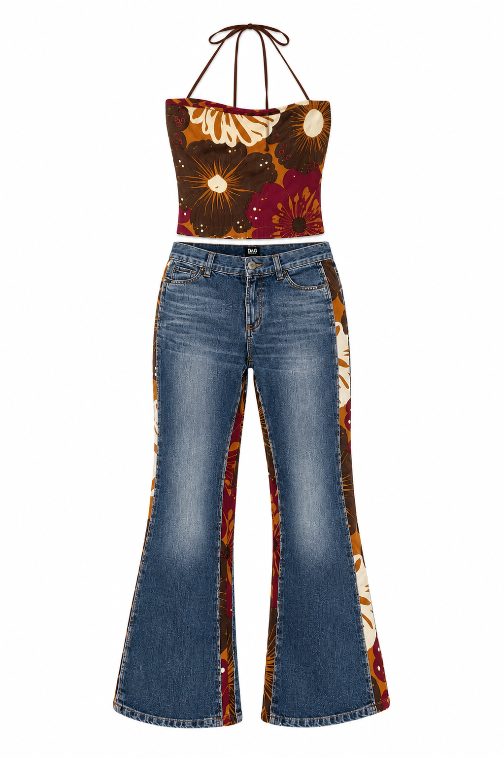 DENIM & FLORAL JEANS/KNIT HALTER TOP SET