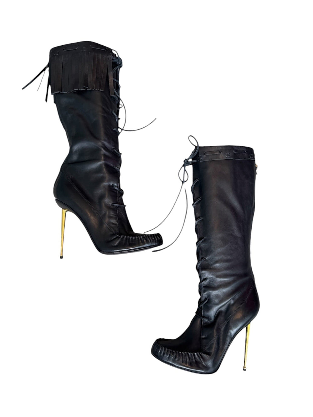 BLACK PATENT LEATHER LACE UP FRINGE BOOTS W GOLD HEEL