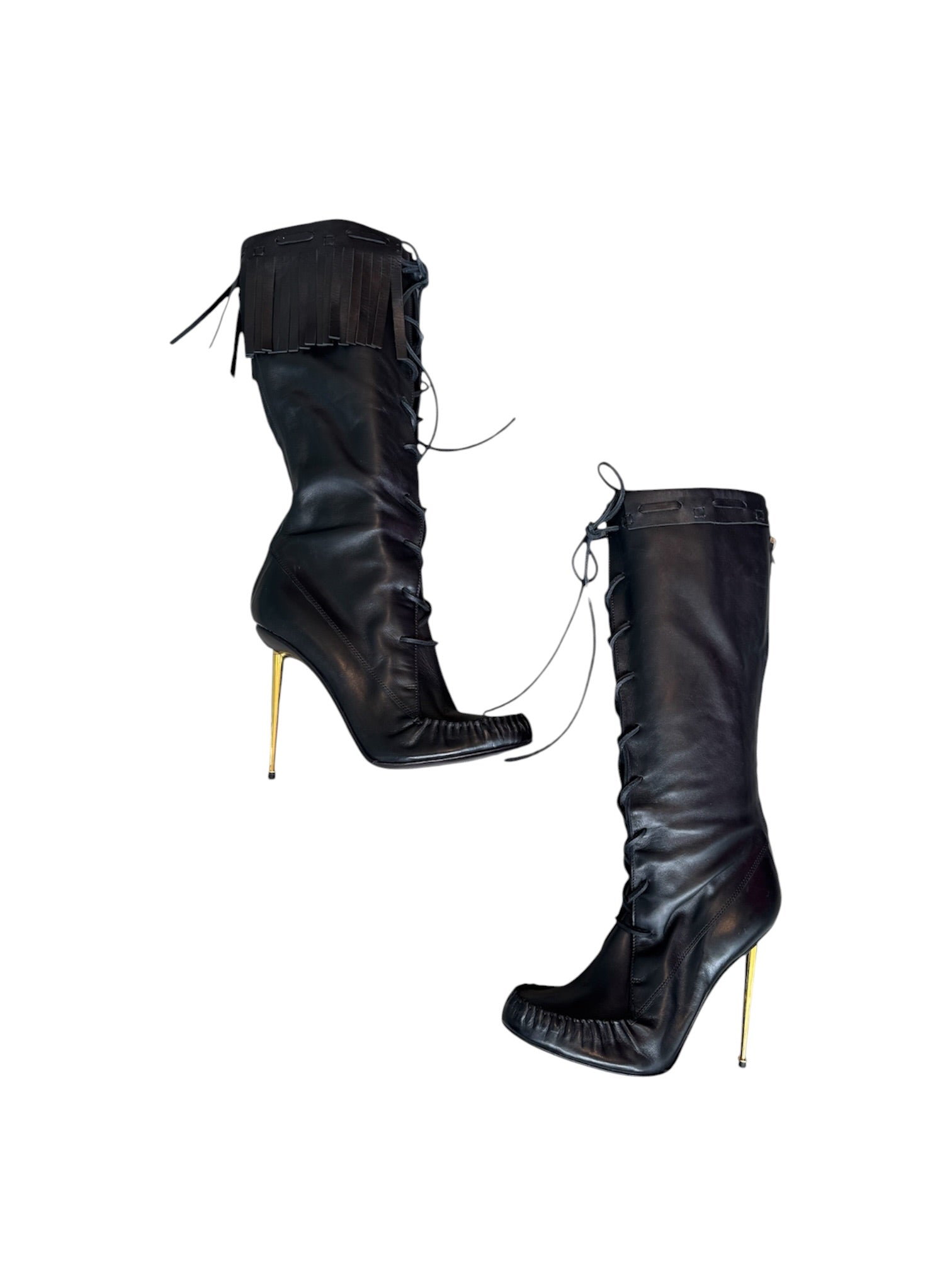 BLACK PATENT LEATHER LACE UP FRINGE BOOTS W GOLD HEEL