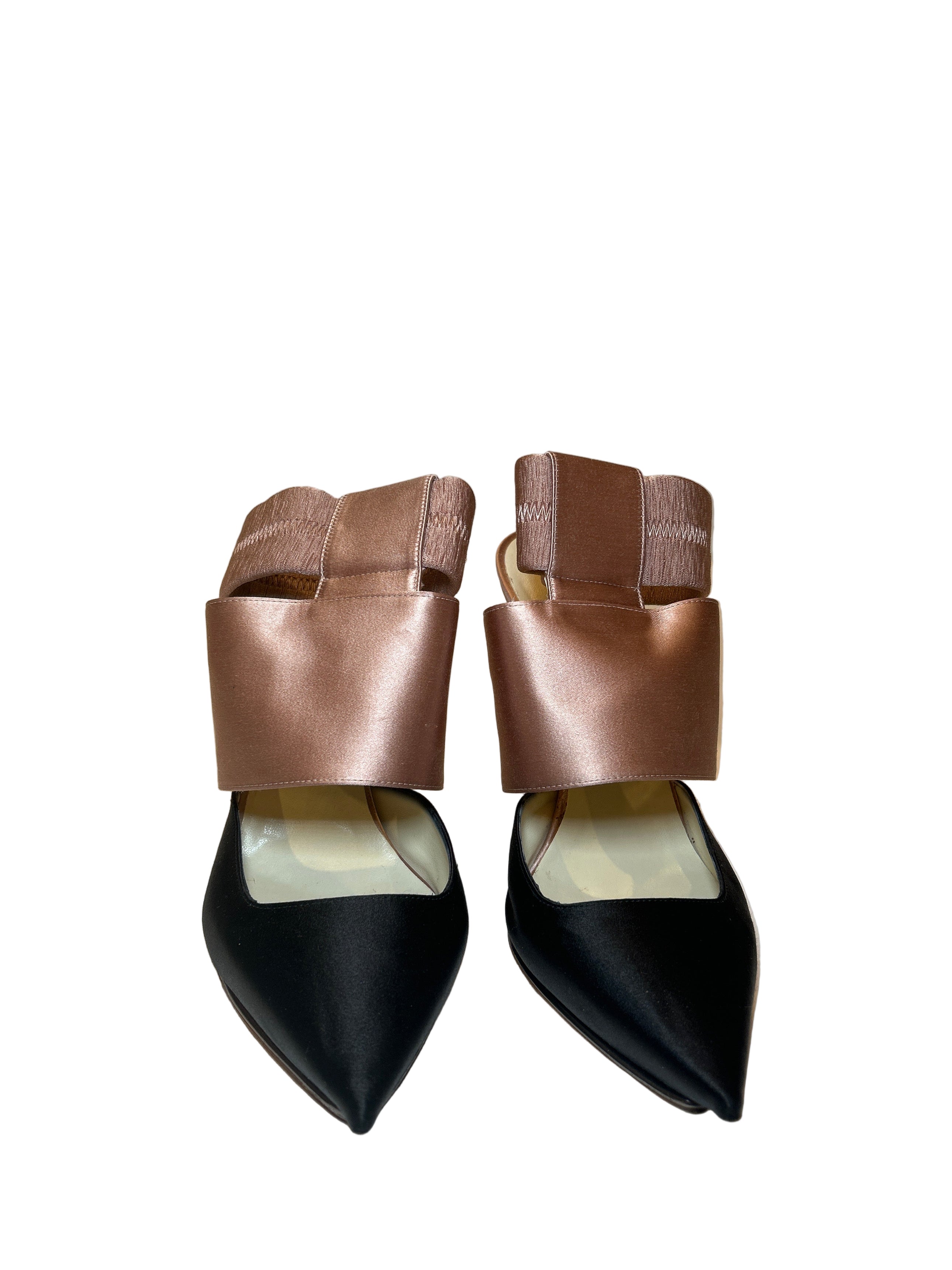 LIGHT MAUVE & BLACK SATIN PLATFORM PUMPS (W BOX)