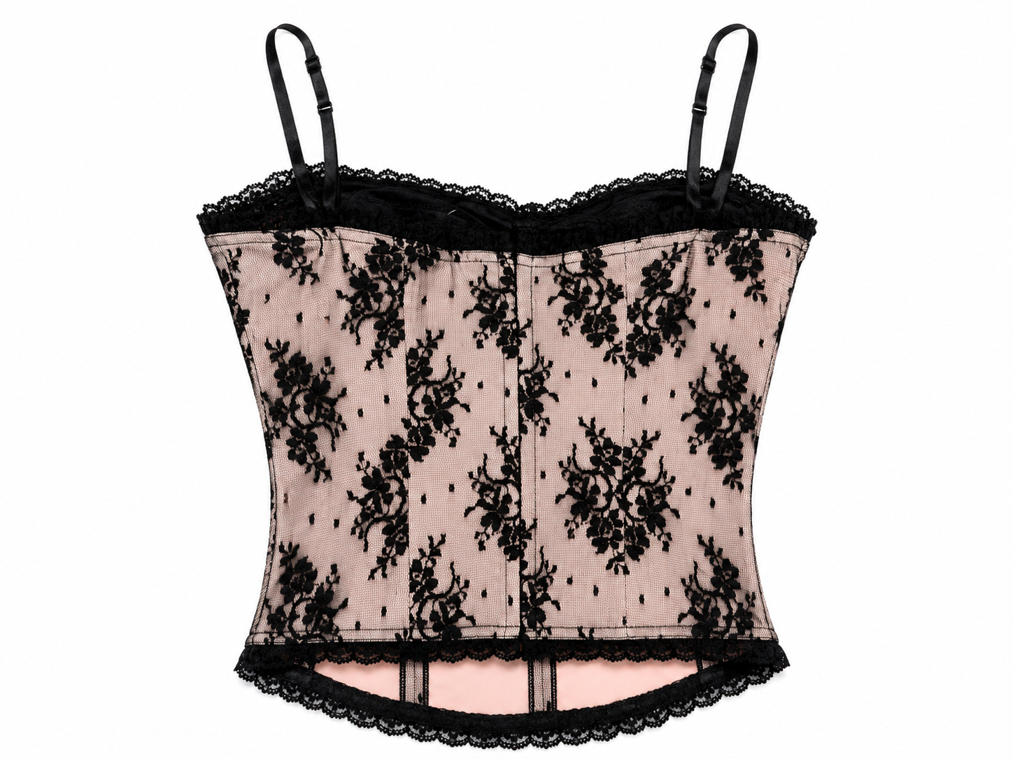 00S PINK CORSET W BLK FLORAL LACE OVERLAY/BUILT IN BRA