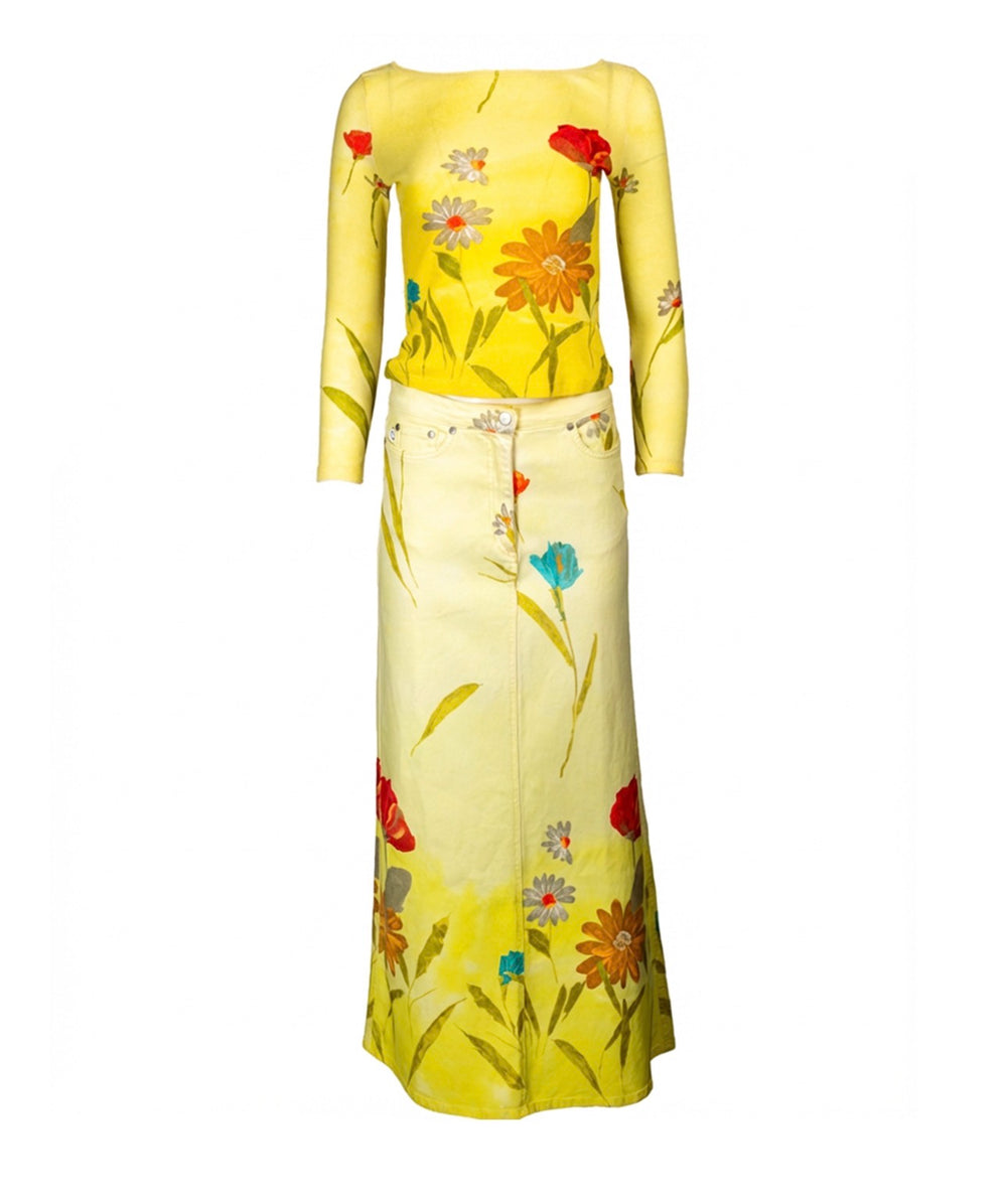 90S YELLOW FLORAL MAXI SKIRT & LONG SLEEVE SET