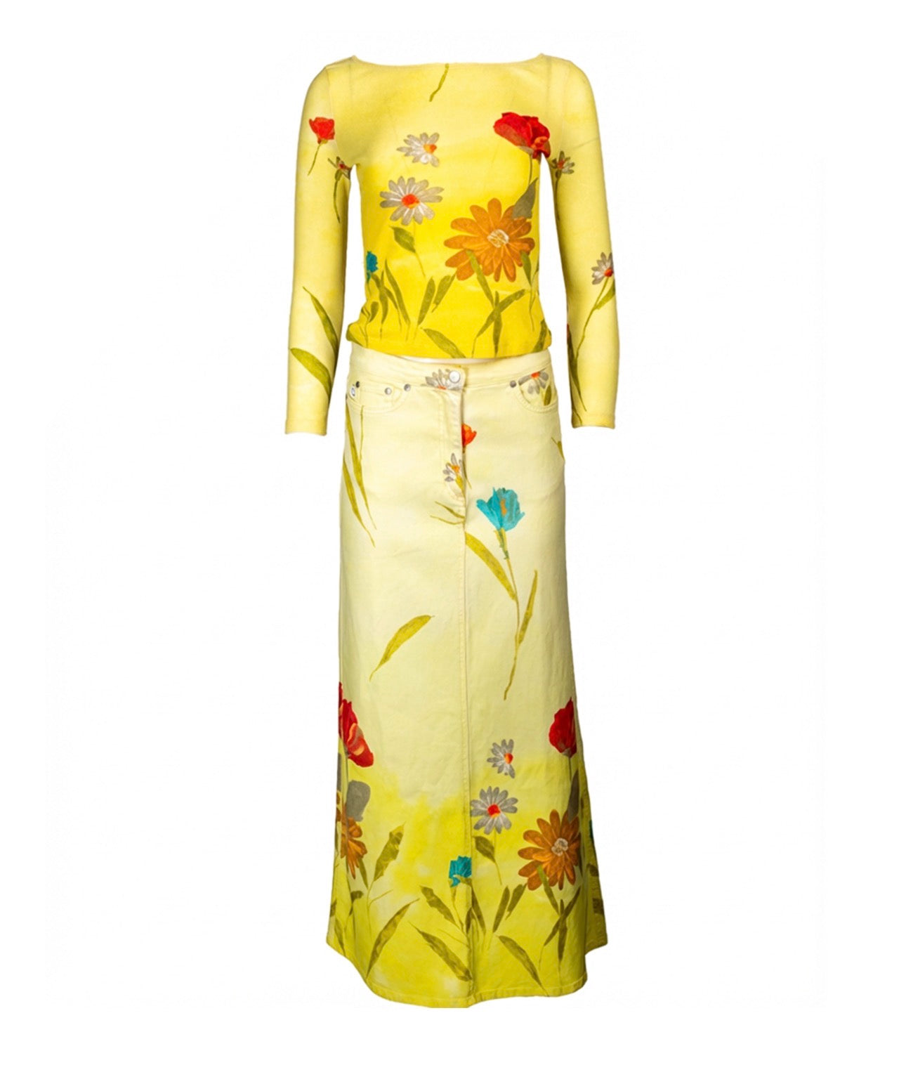 90S YELLOW FLORAL MAXI SKIRT & LONG SLEEVE SET