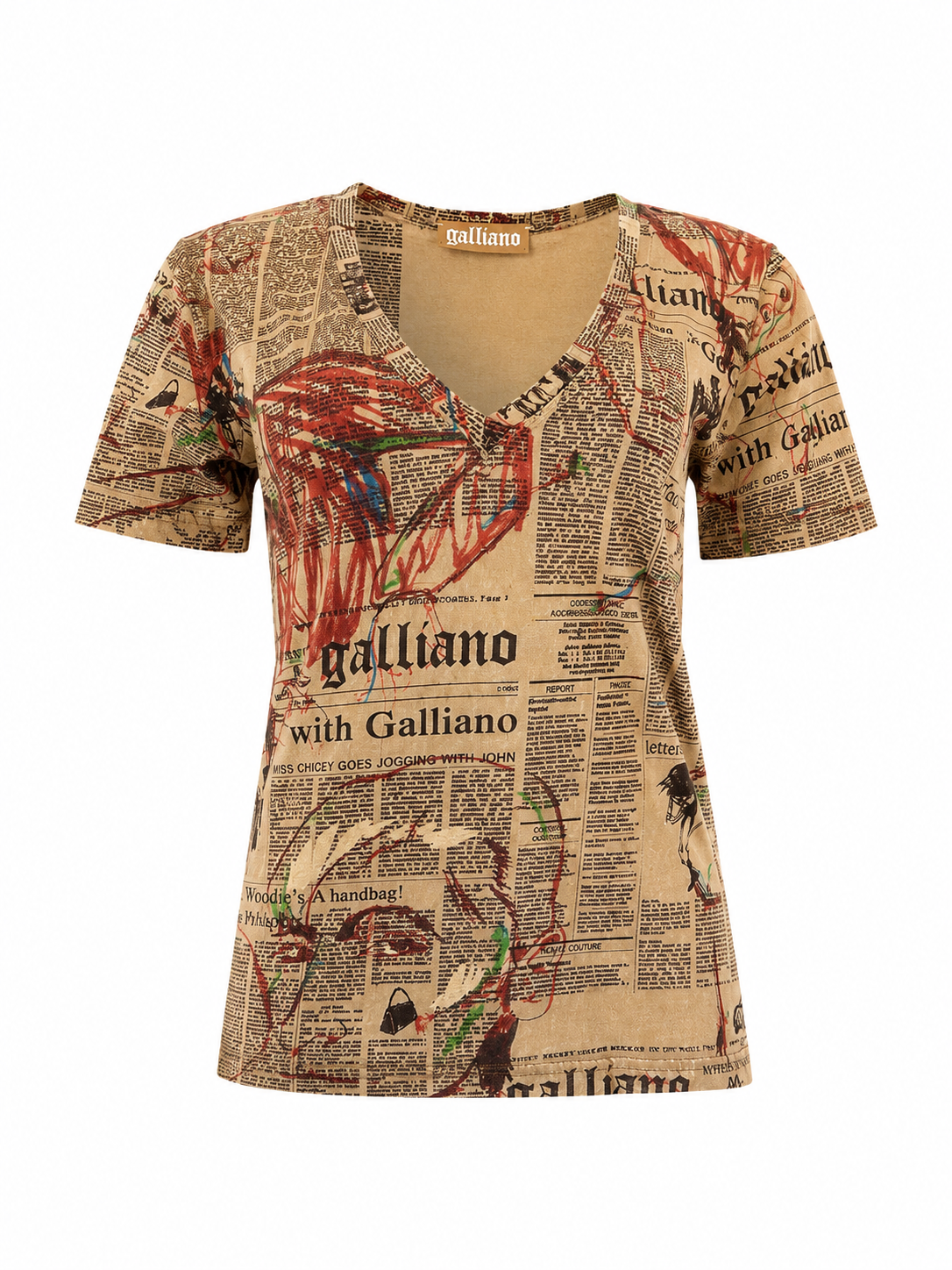 BROWN NEWSPAPER PRINTED VNECK TOP @AVH