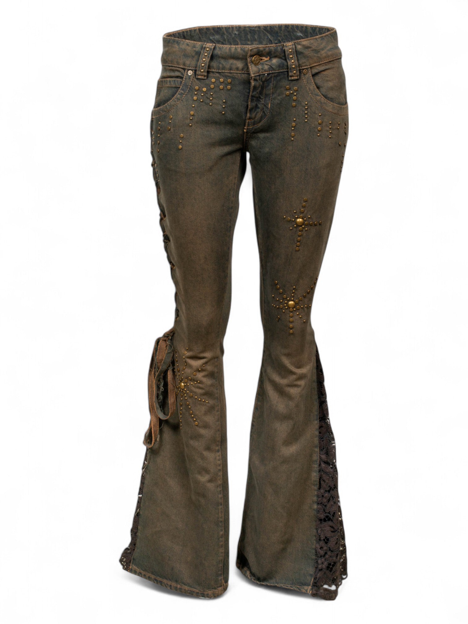 LACE FLARED GREY STUDDED JEANS @SAMT