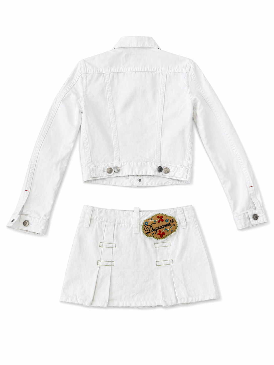 WHITE EMBROIDERED DENIM JACKET & SKIRT SET