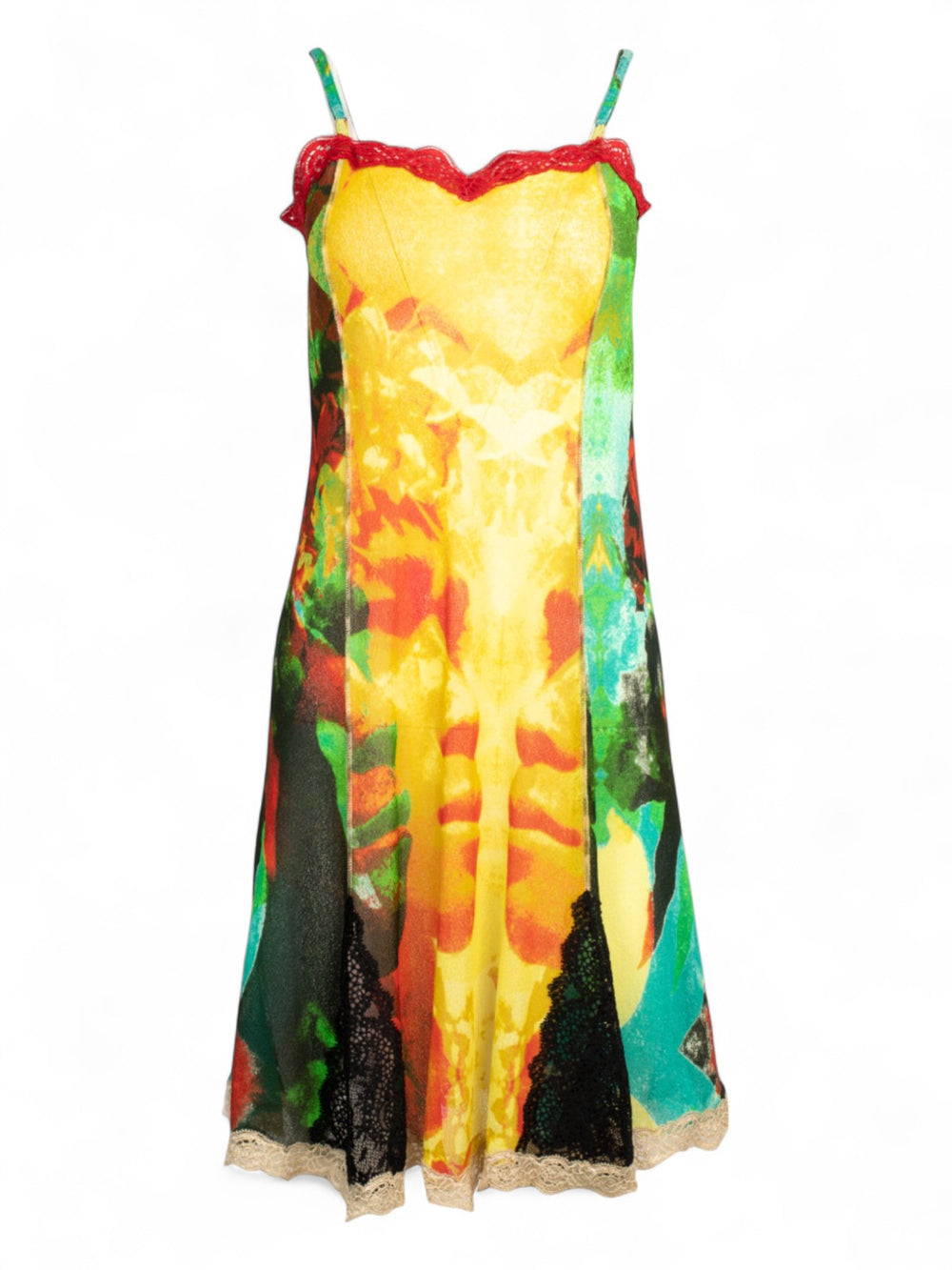SS00 PSYCHEDELIC SHEER FACES DRESS W LACE TRIM