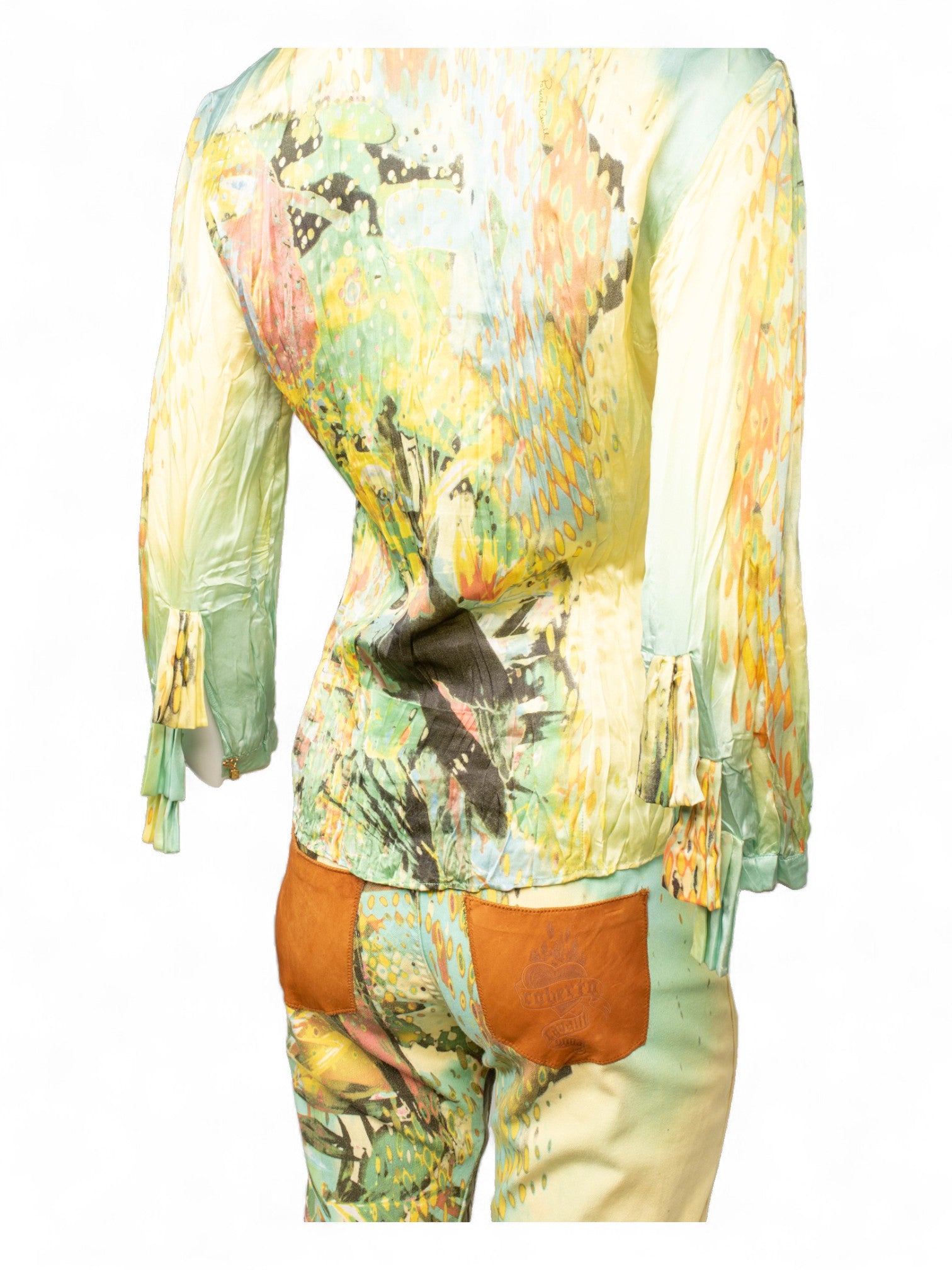 SS02 PARROT PRINTED SILK BUTTON DOWN & JEANS SET