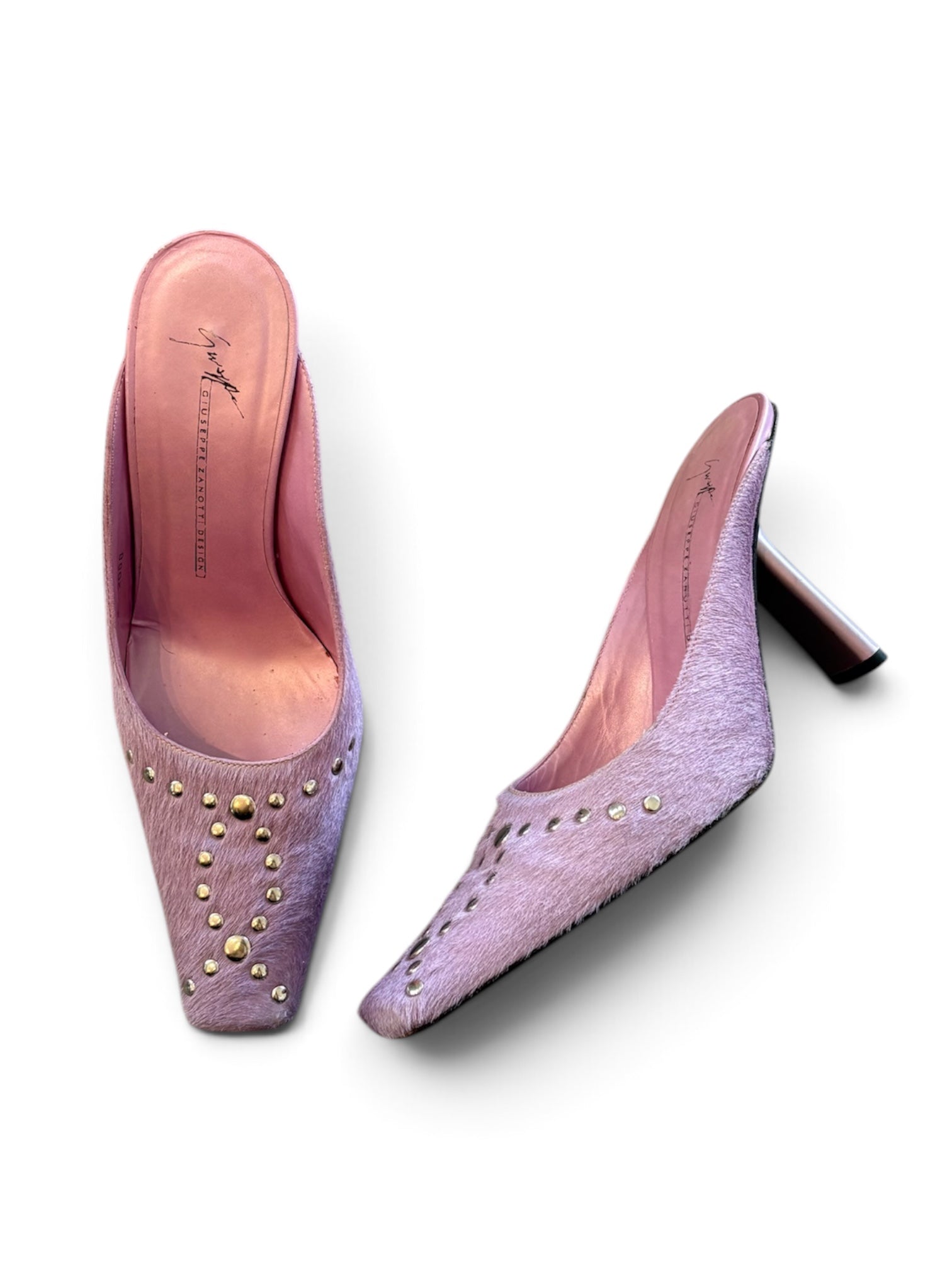 LILAC CALFHAIR SQUARE TOE HEELS W SILVER STUDS @AVH