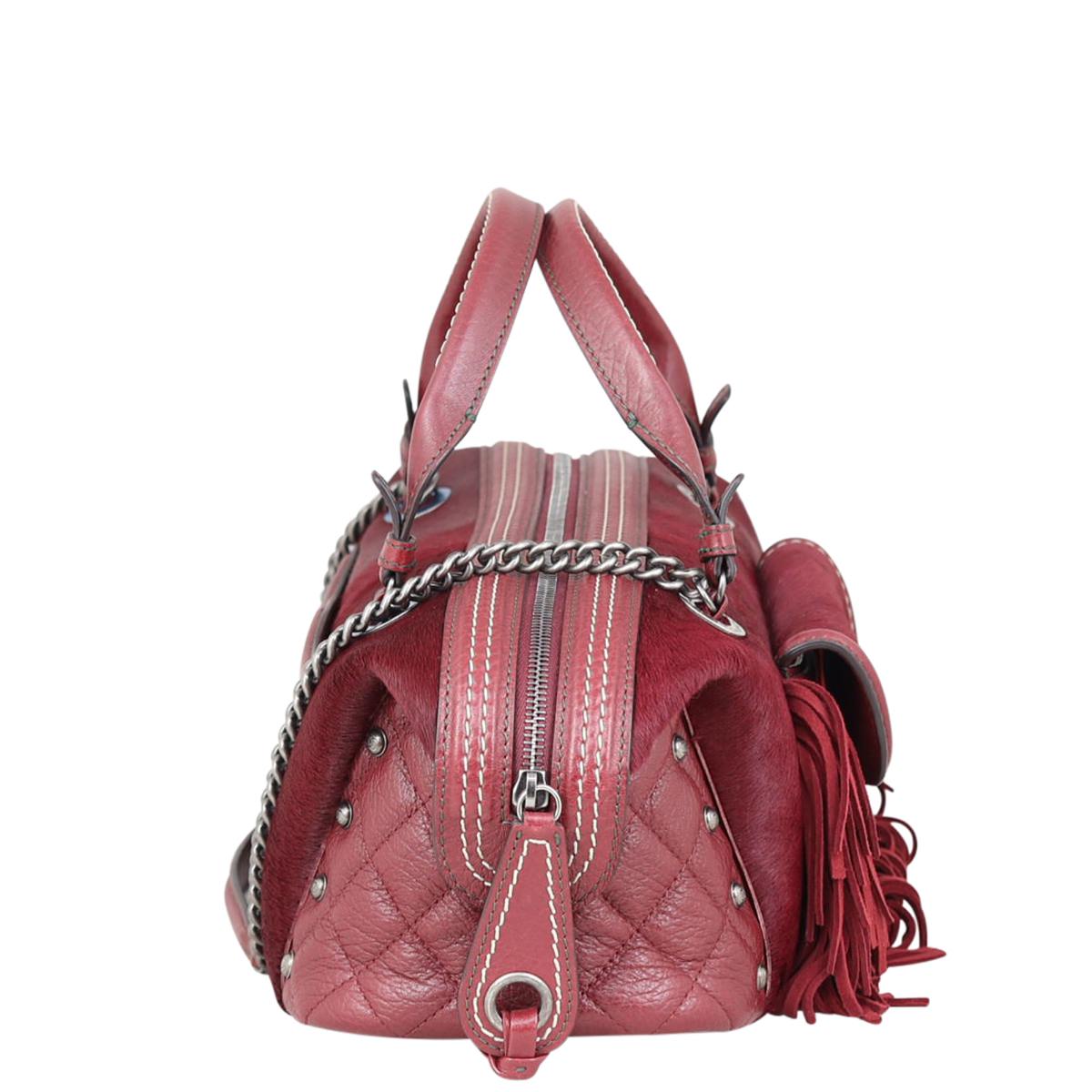2014 PARIS DALLAS BURGUNDY PONYHAIR FRINGE BAG