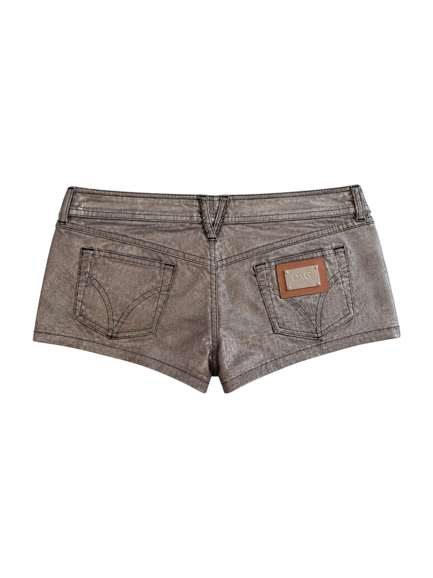 BRONZE METALLIC LOW RISE MINI SHORTS W/ LOGO PLATE