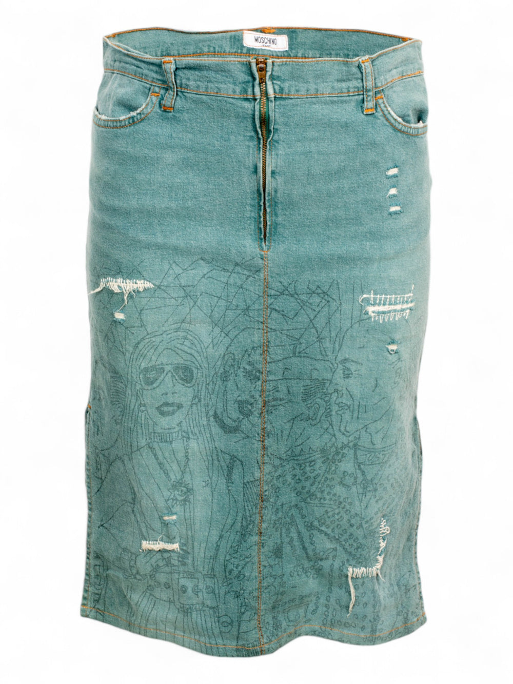 DISTRESSED SCRIBBLE DENIM MIDI SKIRT