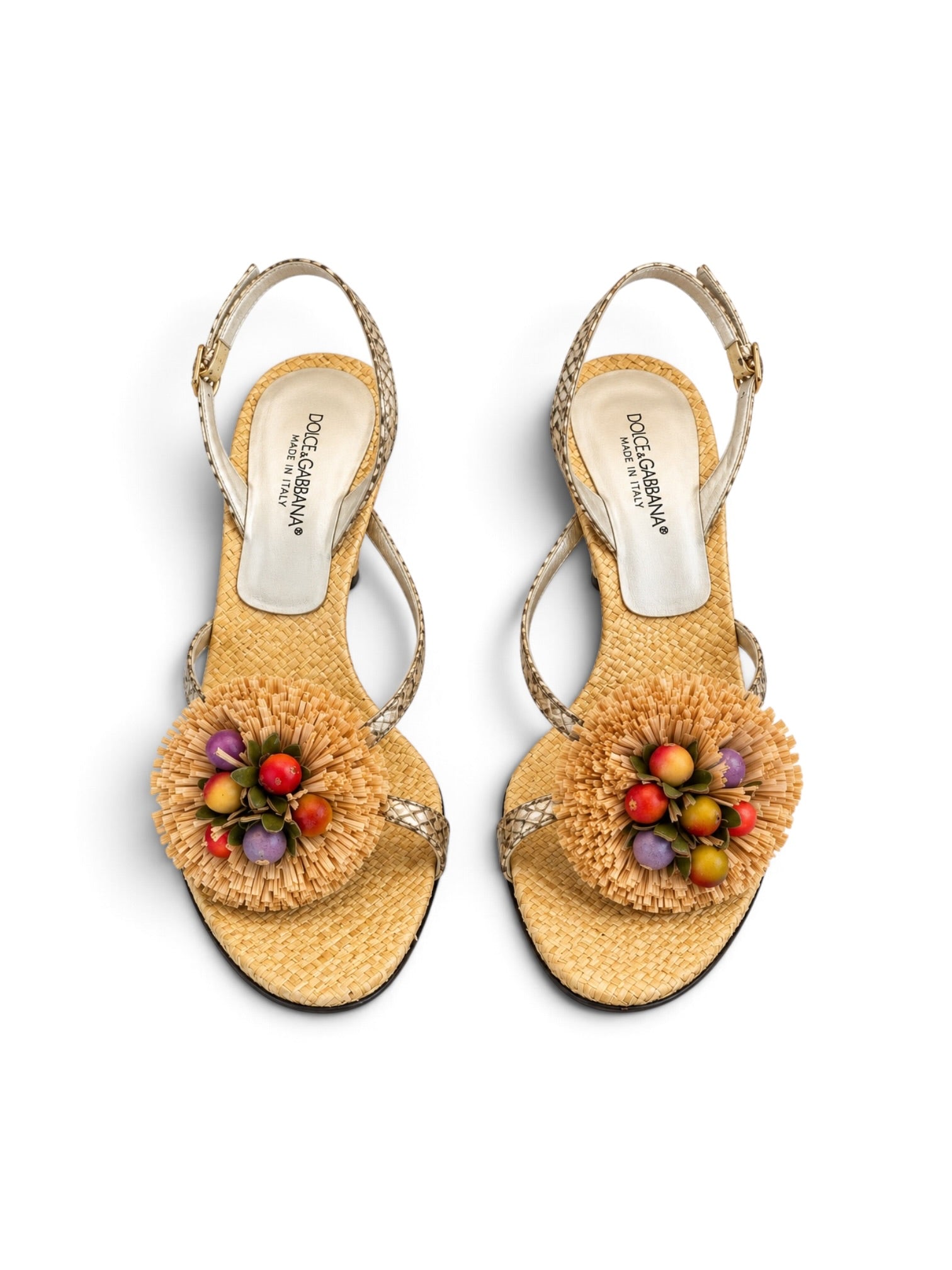TAN SNAKESKIN WOVEN FRUIT BASKET HEELS
