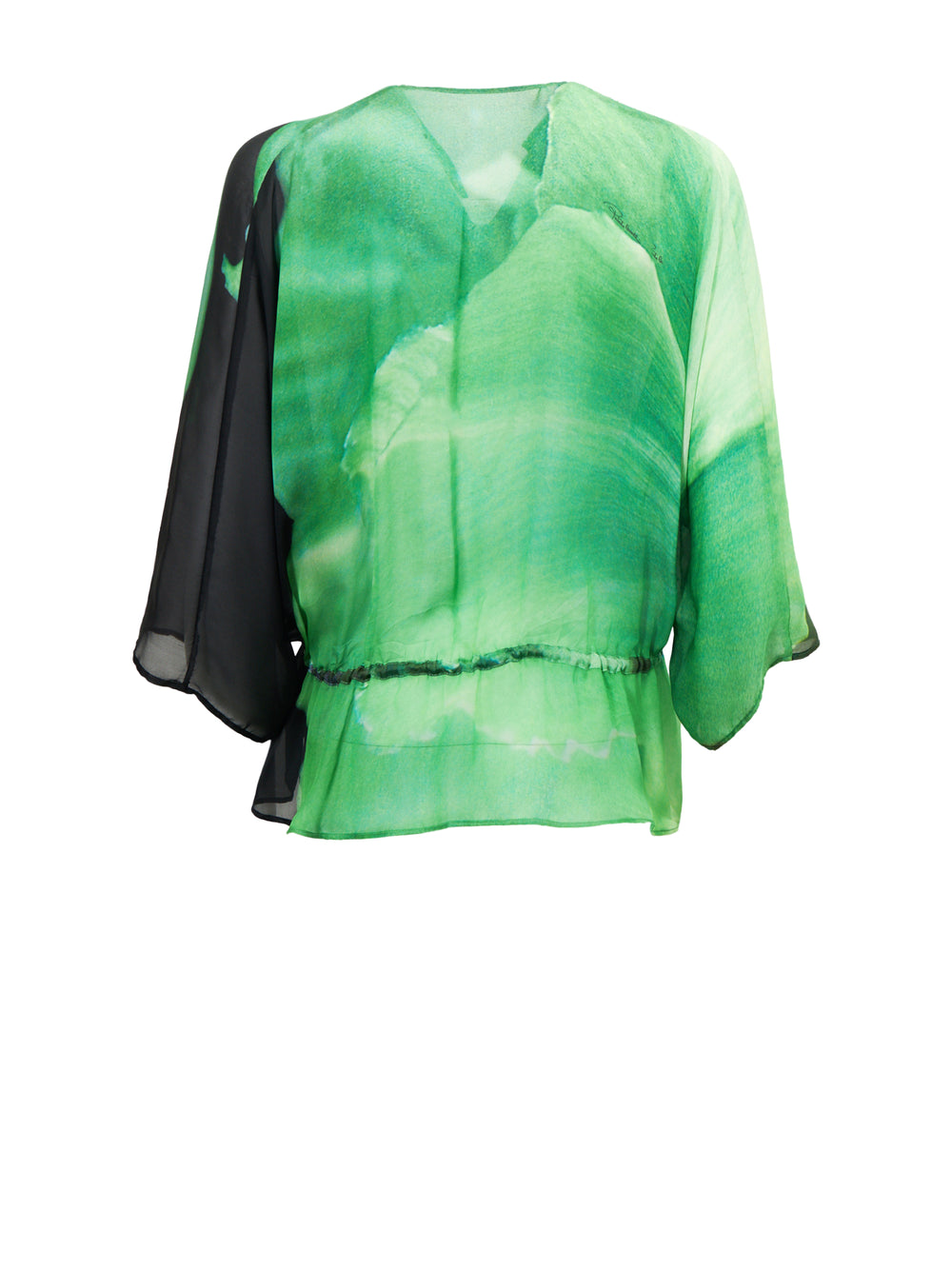 GREEN SILK PRINTED BUTTON DOWN BLOUSE