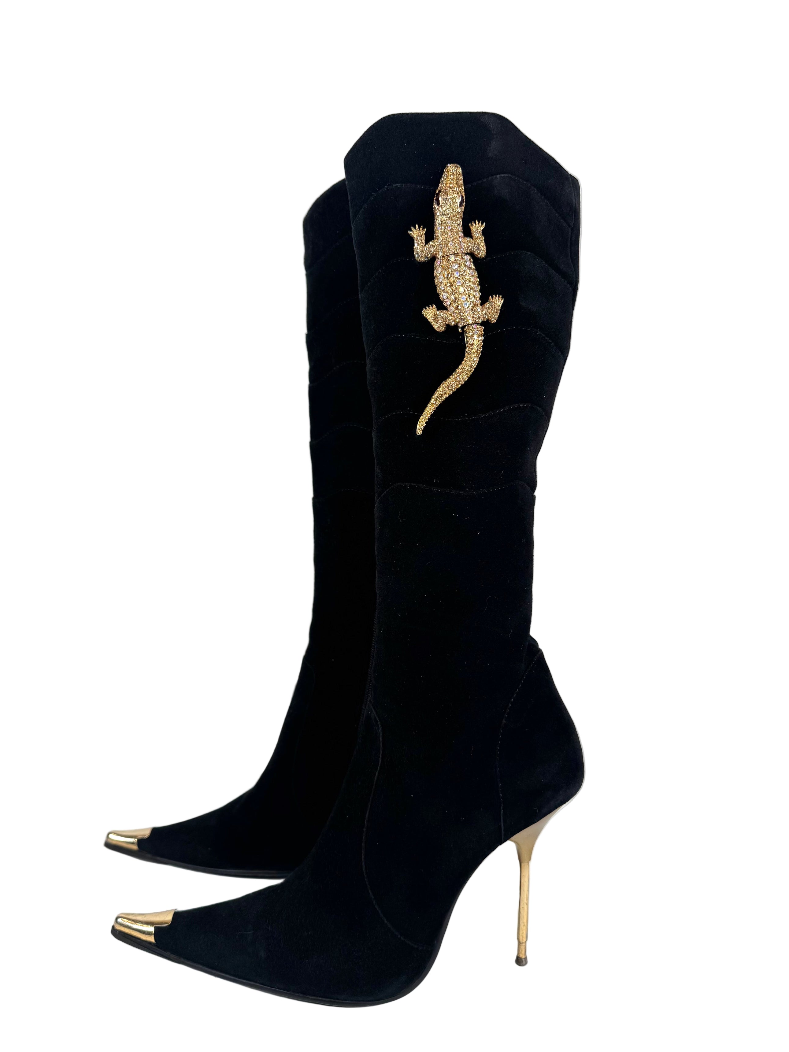 BLACK ULTRASUEDE RHINESTONE CROCODILE BOOTS