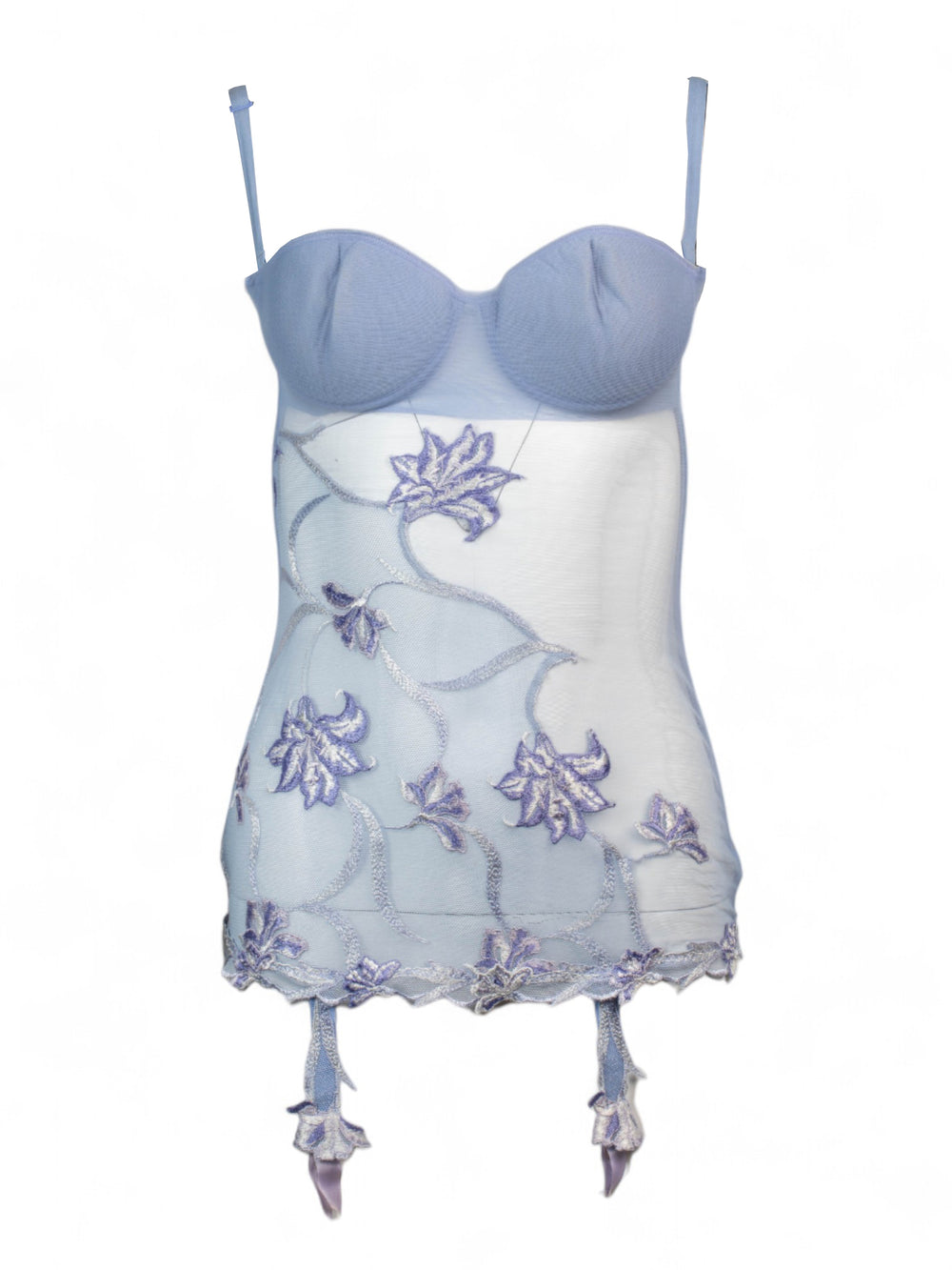 BABY BLUE SHEER EMBROIDERED BUSTIER W GARTERS