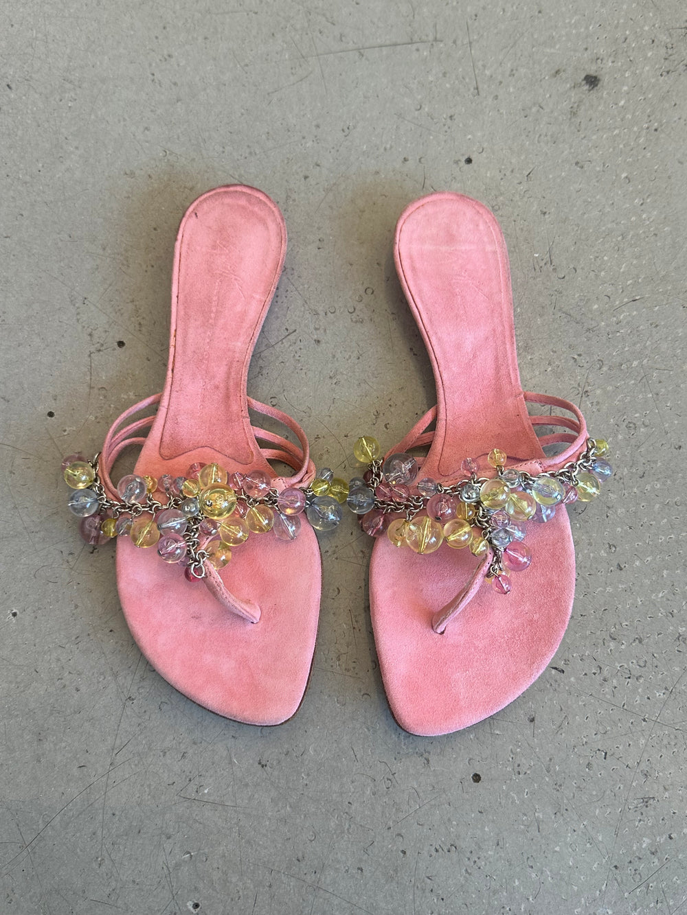 PINK SUEDE CRYSTAL CHARM SANDALS