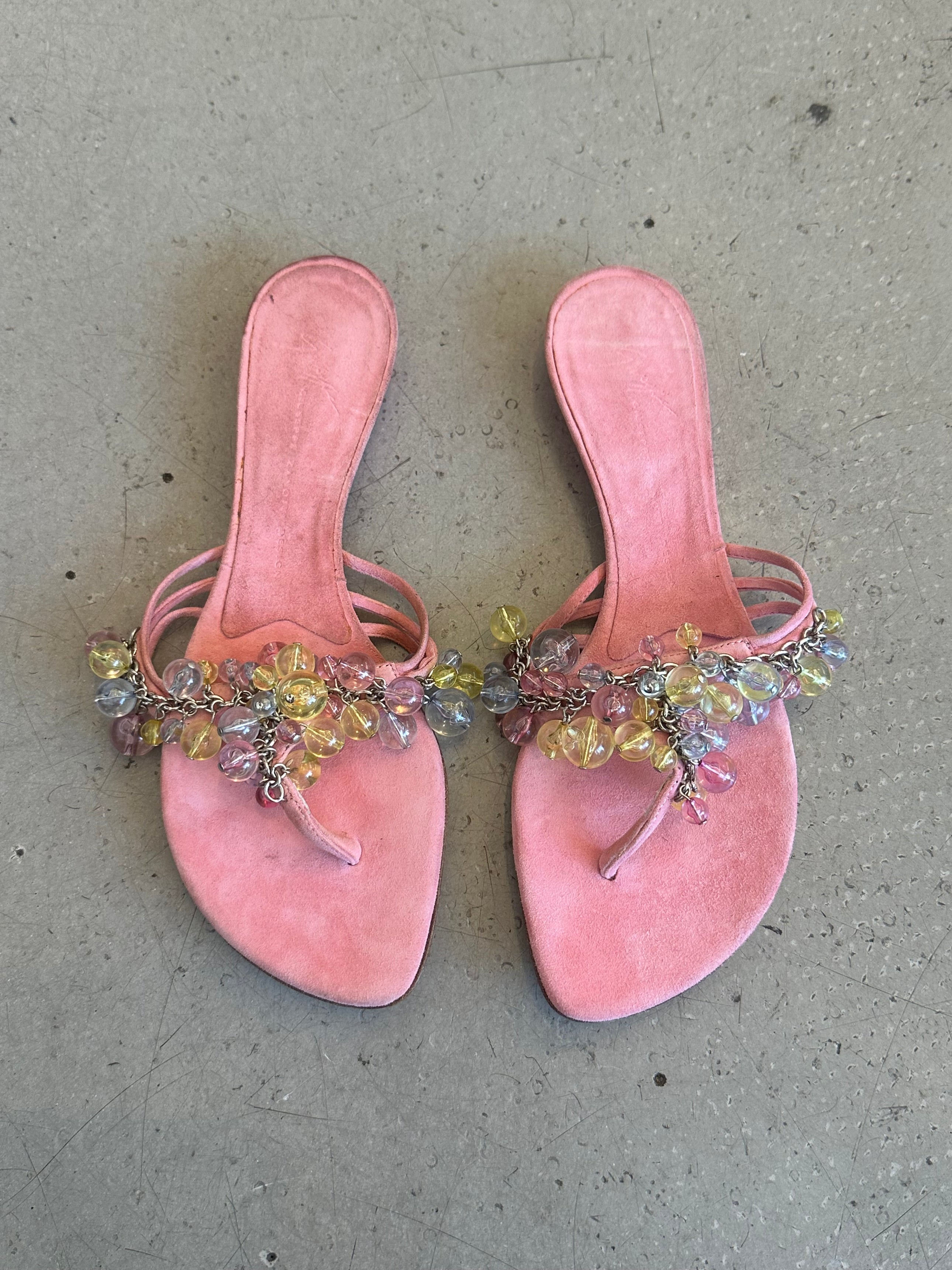PINK SUEDE CRYSTAL CHARM SANDALS