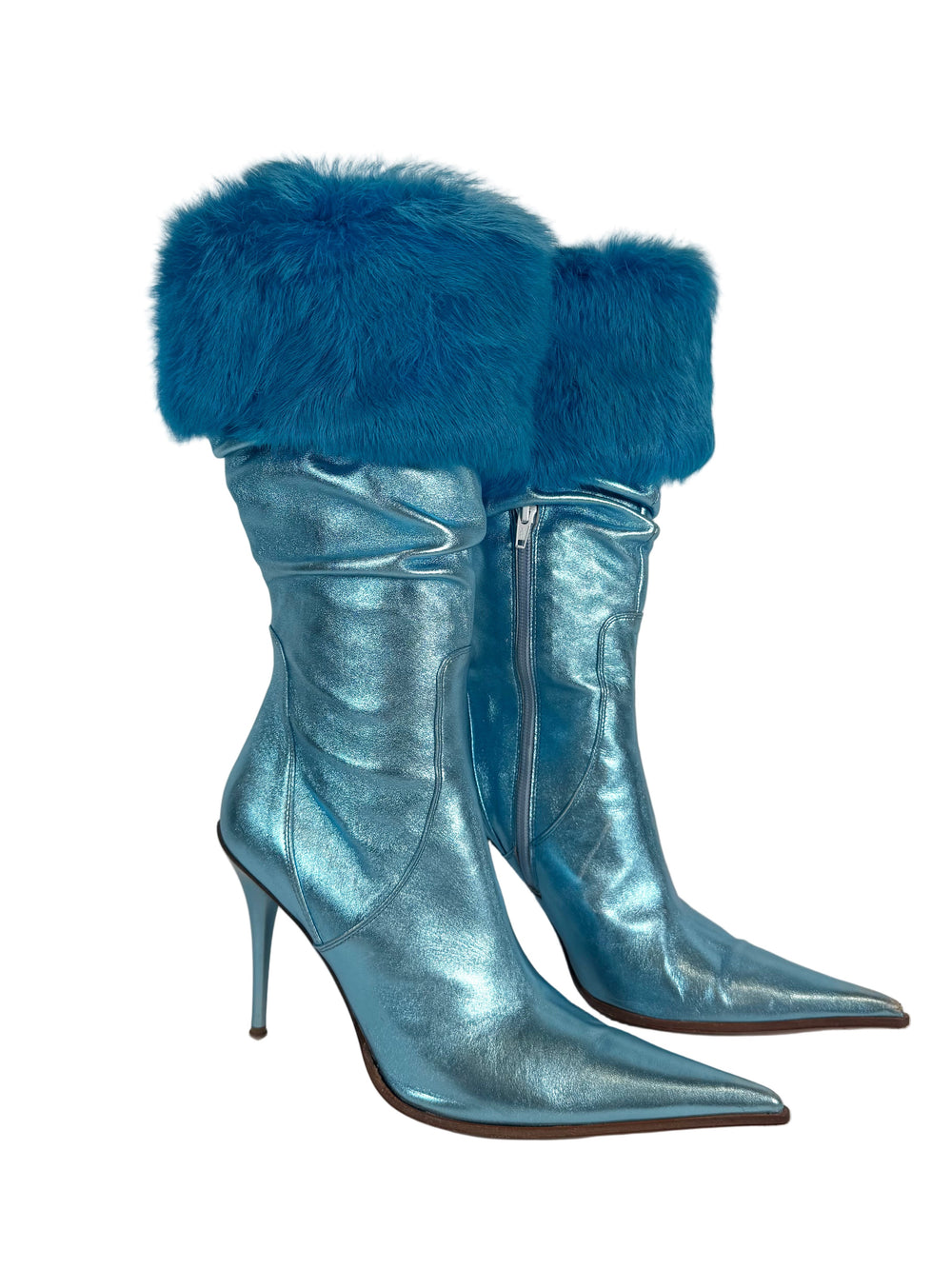 ITALIAN METALLIC BLUE & RABBIT FUR SLOUCH BOOTS