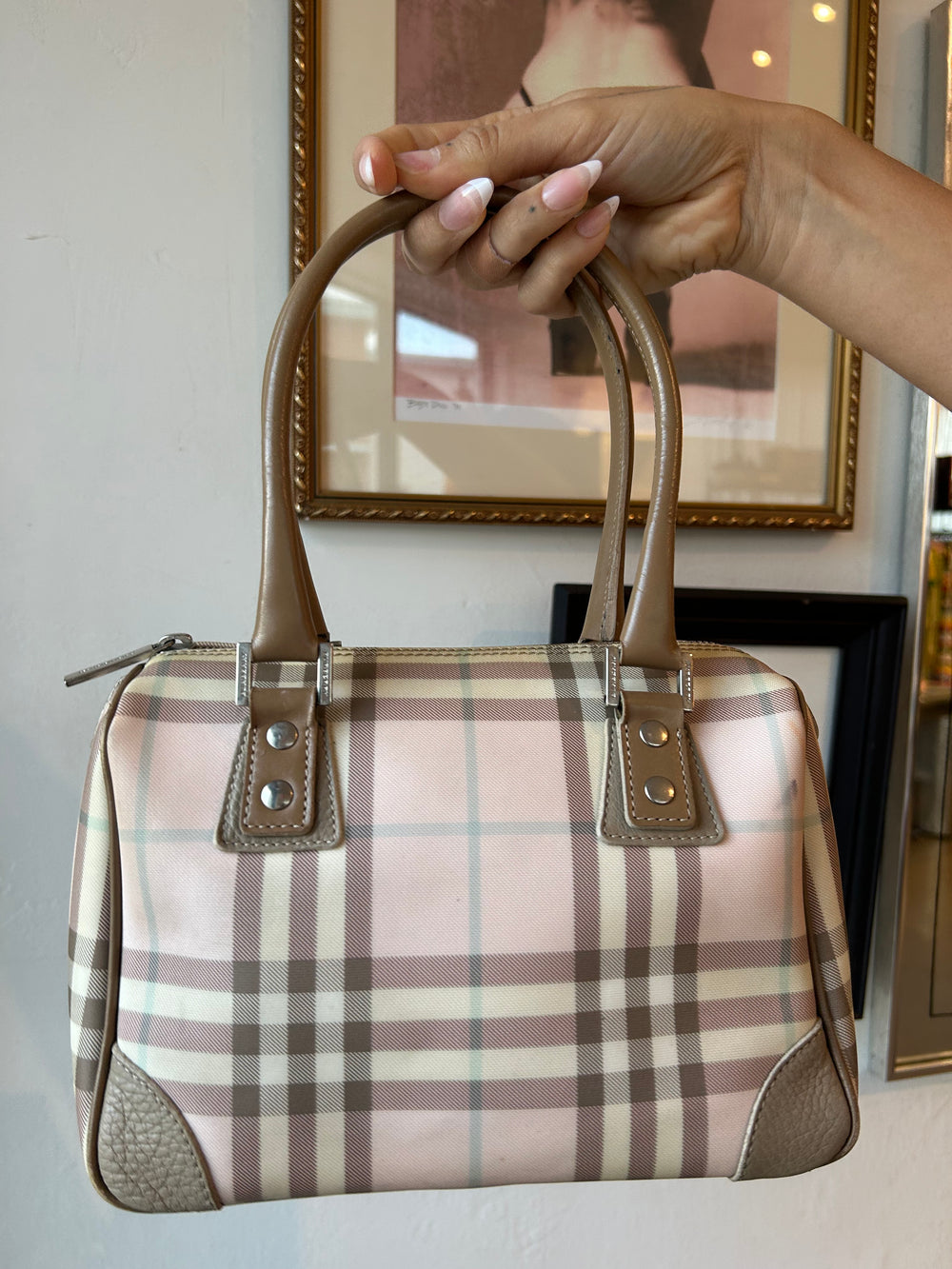 PINK COATED CANVAS NOVACHECK HANDBAG *AS IS*