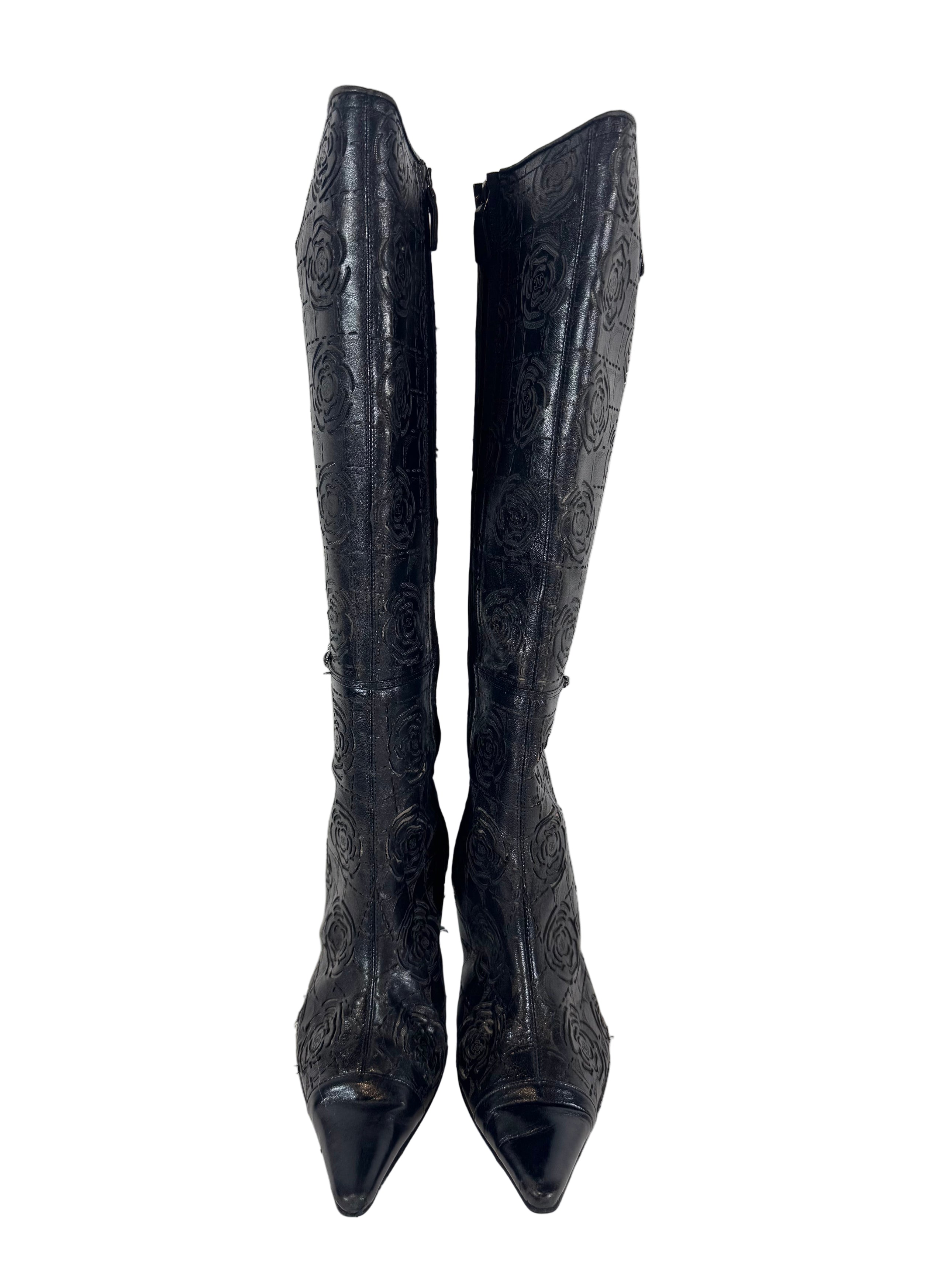 BLACK LEATHER CAMELLIA FLOWER BOOTS