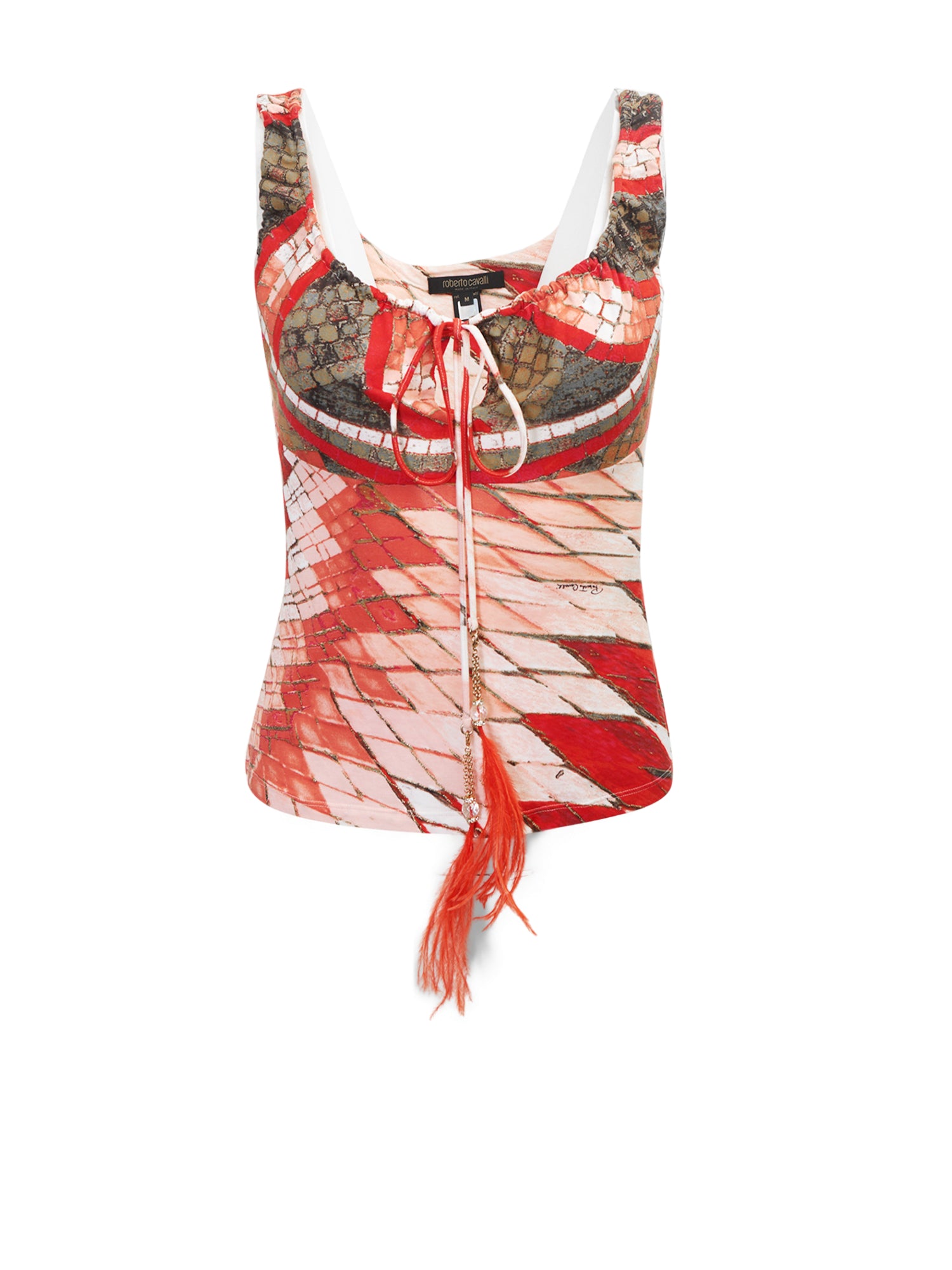 SS04 RED FEATHER PRINTED TOP W FEATHER CHARMS