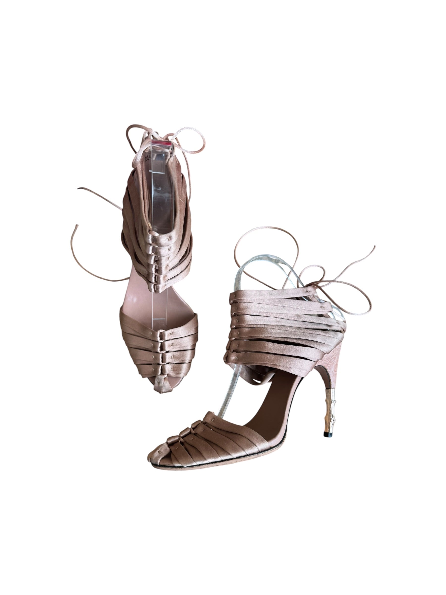 SS04 TOM FORD CHAMPAGNE SATIN CAGE HEELS @FAR