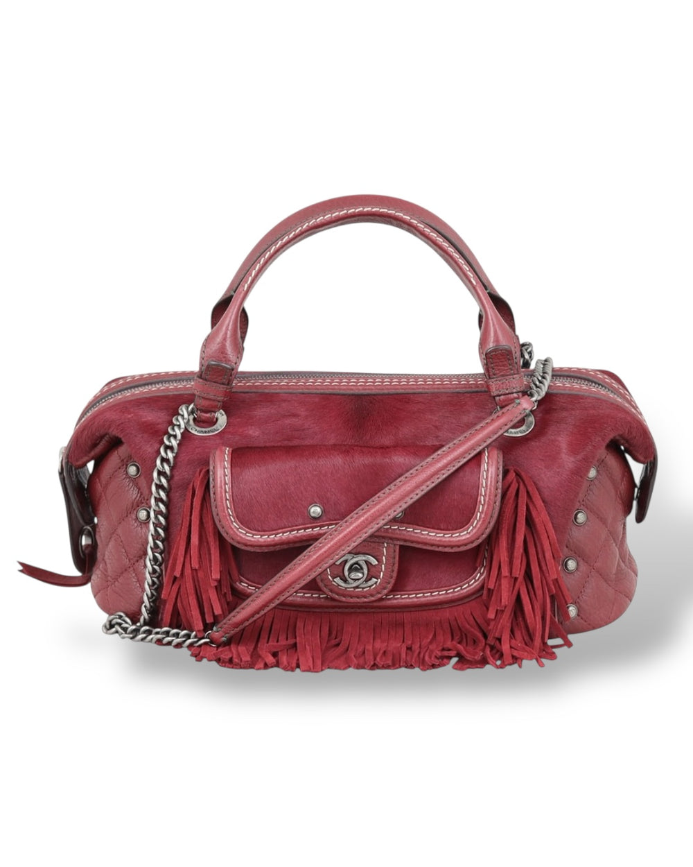 2014 PARIS DALLAS BURGUNDY PONYHAIR FRINGE BAG