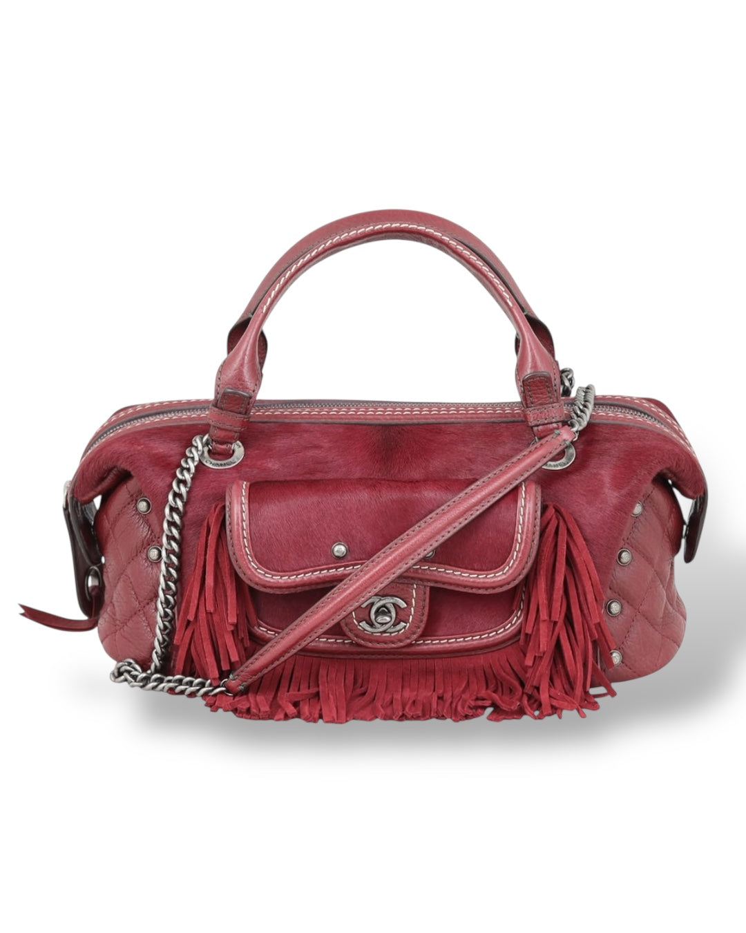 2014 PARIS DALLAS BURGUNDY PONYHAIR FRINGE BAG