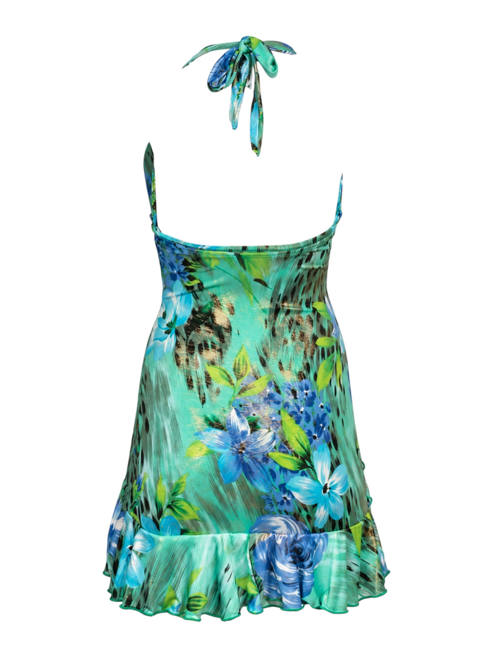 BLUE & GREEN FLORAL PRINT SHIMMER HALTER MINI DRESS