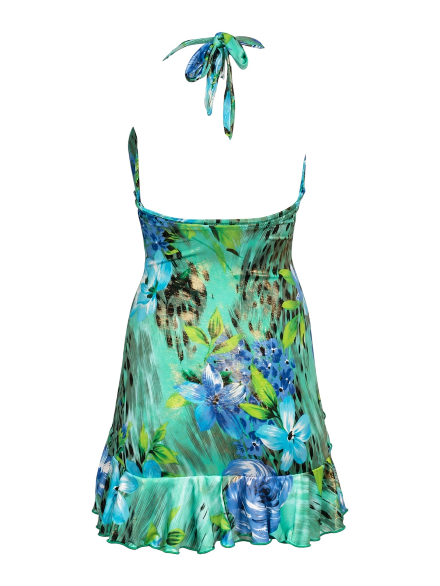 BLUE & GREEN FLORAL PRINT SHIMMER HALTER MINI DRESS