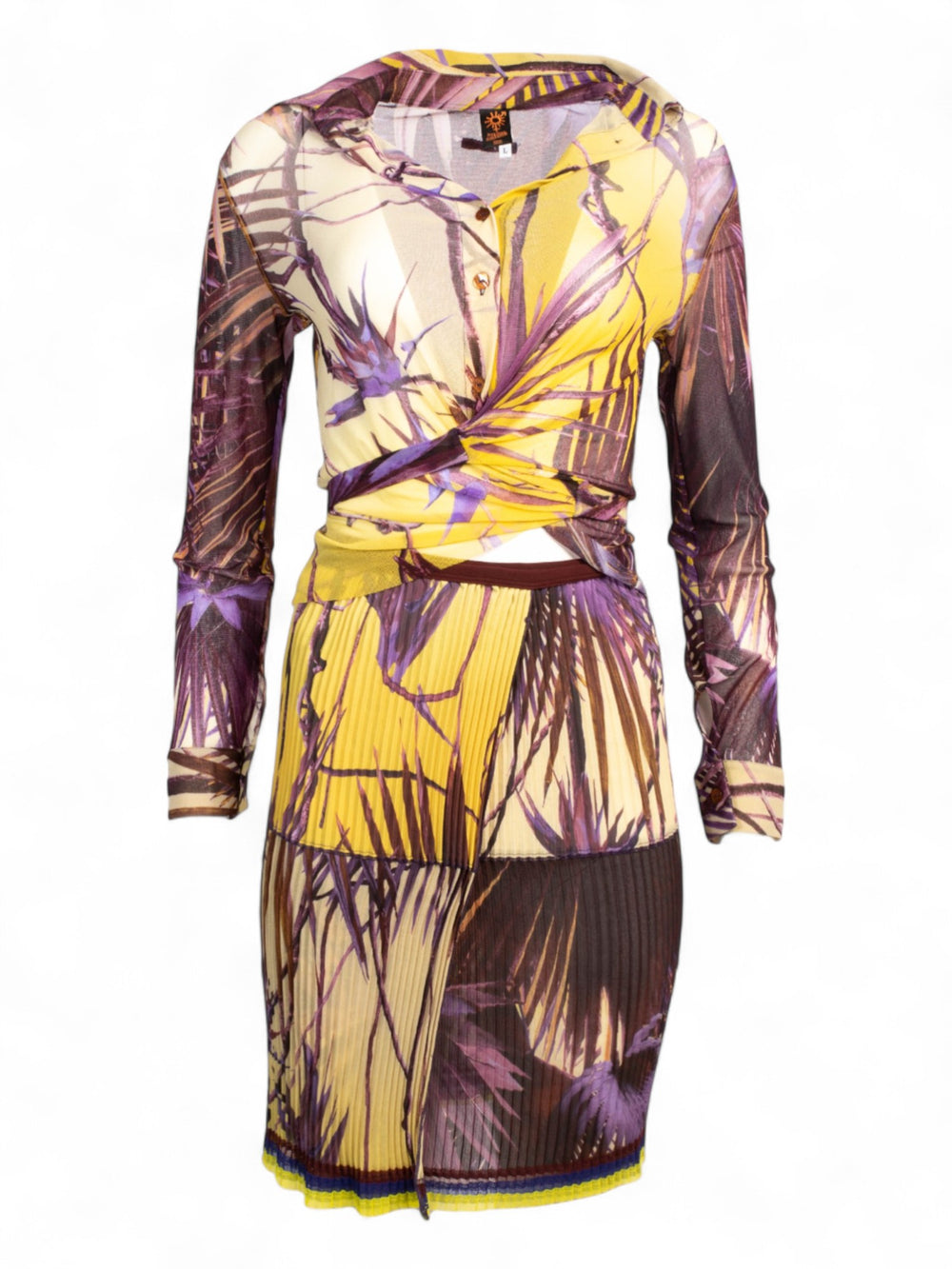 YELLOW/PURPLE PALM TREE PLEATED SKIRT & MESH TOP SET