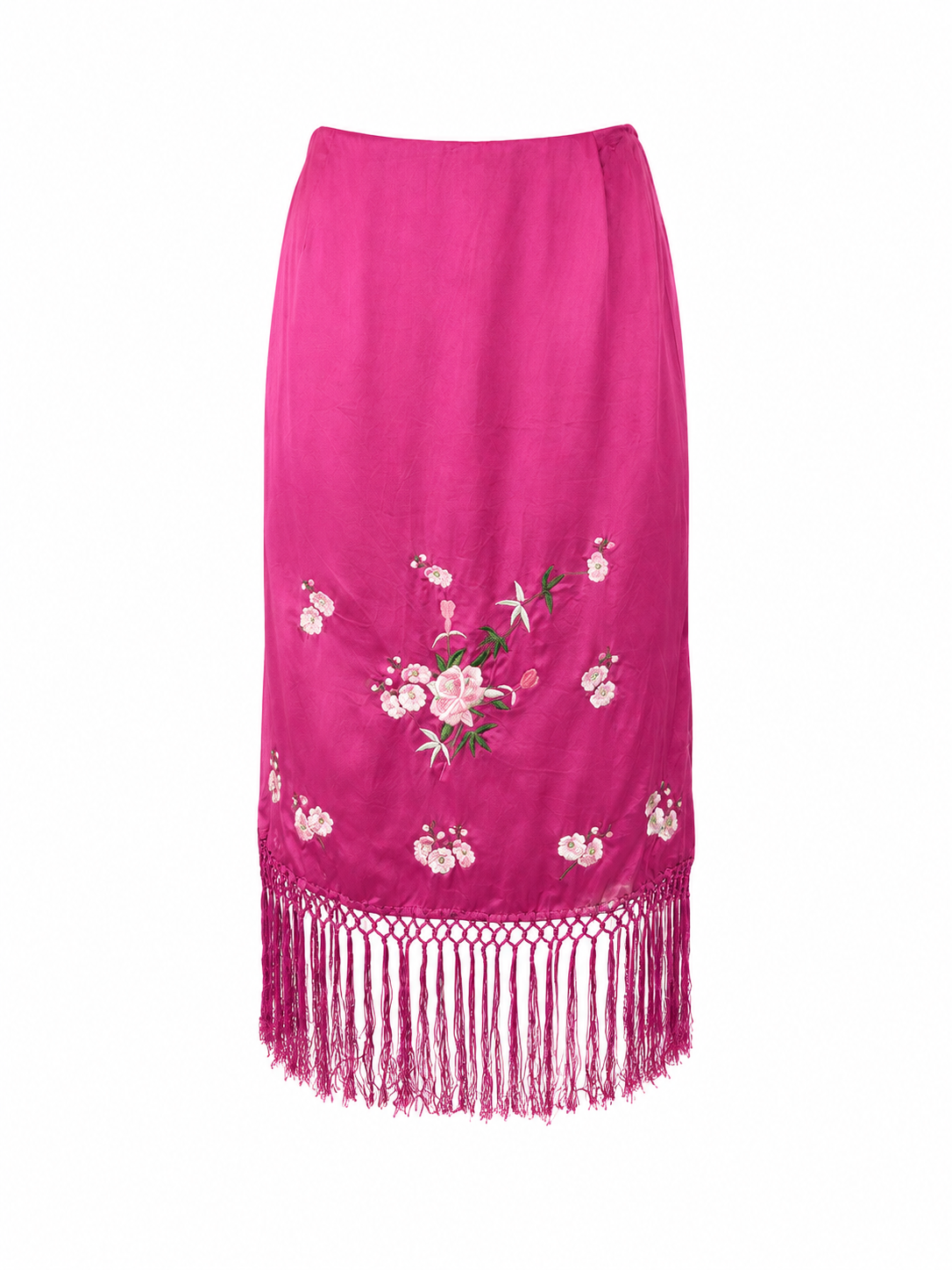 PINK FLORAL EMBROIDERED SILK FRINGE MIDI SKIRT