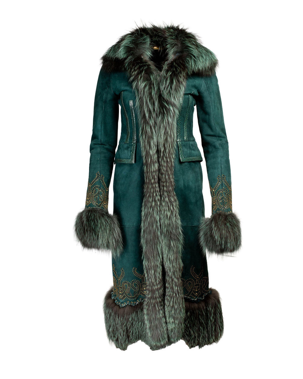 FW06 GREEN SUEDE & SILVER FOX FUR COAT@IRIK (r: $24K)