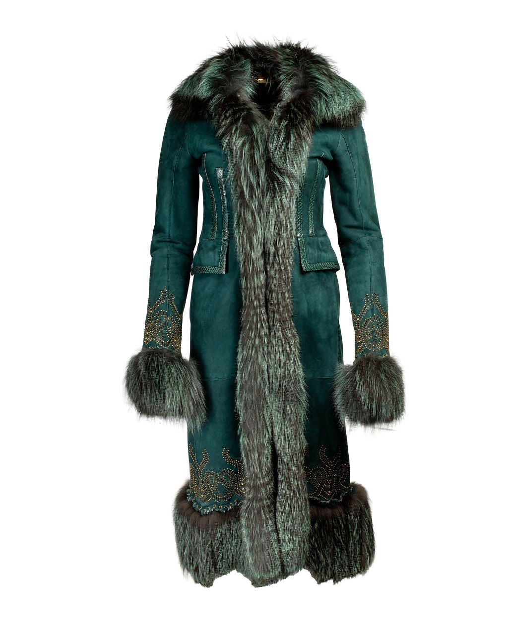 FW06 GREEN SUEDE & SILVER FOX FUR COAT@IRIK (r: $24K)