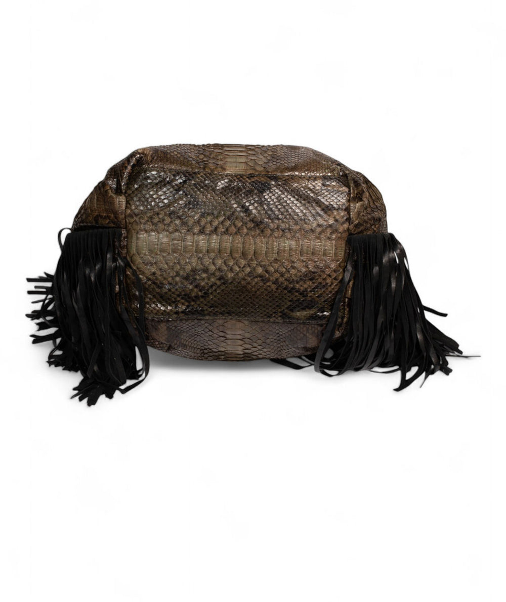 SNAKESKIN AND FRINGE SHOULDER BAG