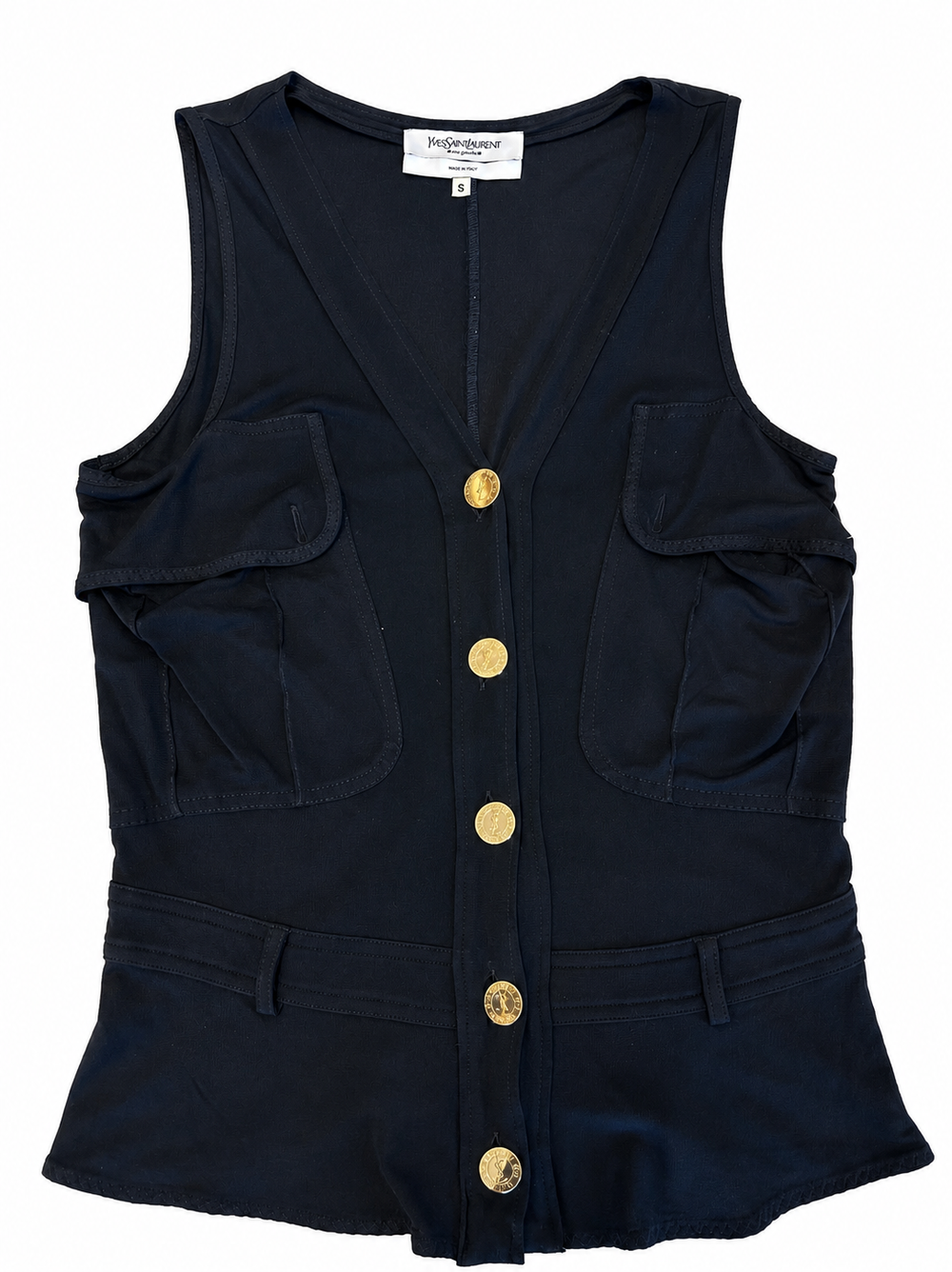BLACK SHEER VISCOSE "YSL" BUTTON DOWN VEST TOP